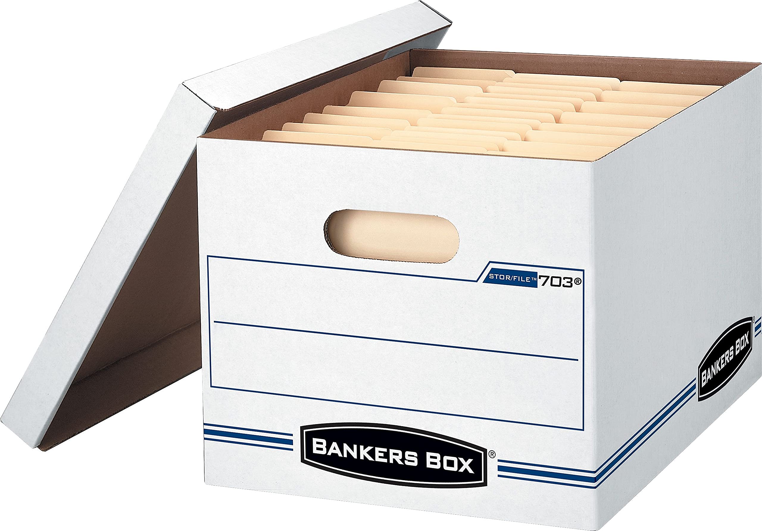 Bankers Box 0070308 STOR/File Storage Box - Letter/Legal Size Document Organizer with Lift-Off Lid, White & Blue, 4-Pack - Perfect for Office Filing, Home Organization & Document Storage