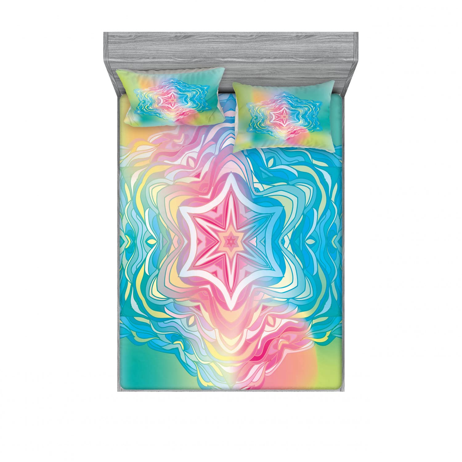 Ambesonne Floral 2-Pack Full Size Fitted Sheet & Pillow Sham Set | Flower Mandala Rainbow Pattern | 4-Piece Bedding Decor Set (2 Fitted Sheets + 4 Pillow Covers) | Blue & Pink Bohemian Style | Perfect for Guest Rooms, Dorm Decor & Boho Chic Bedroom Makeover