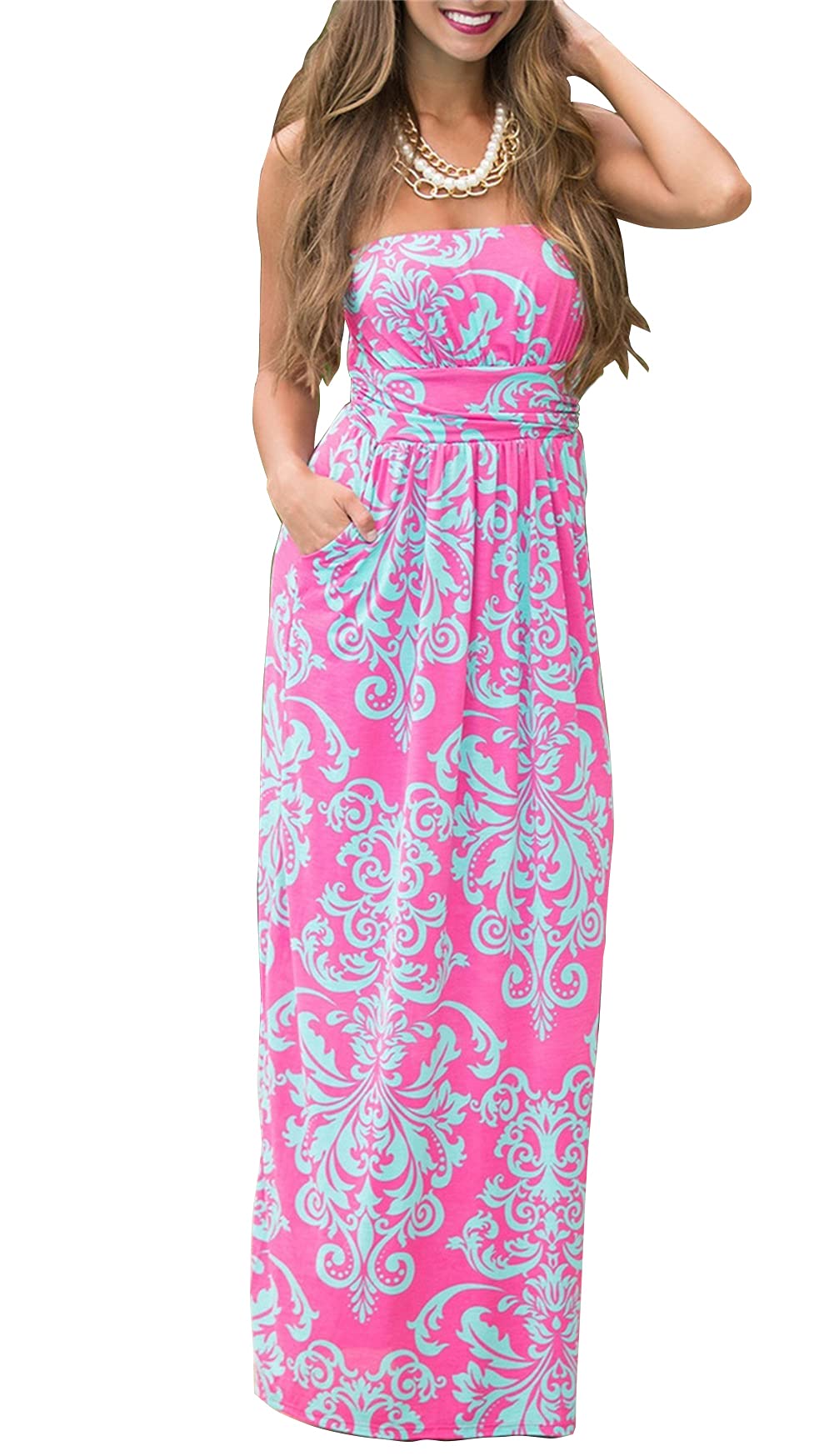 PRIMODA Women's Strapless Tube Top Maxi Dress - Floral Boho Beach Dress with Pockets | Summer Vacation, Beach Party, Music Festival Outfit