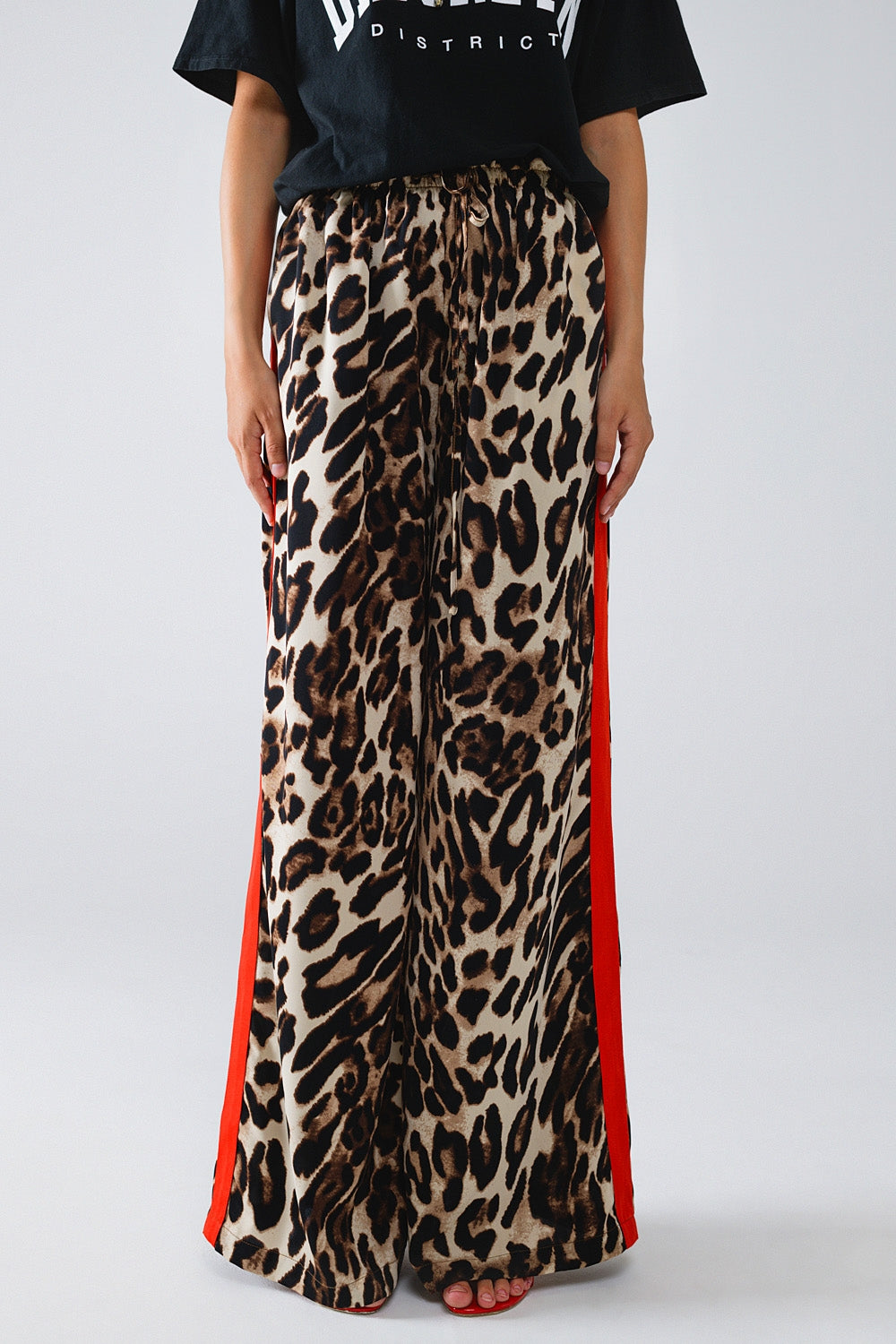 Leopard Print Straight Leg Pants with Red Side Stripes - Stylish Women's Casual Trousers for Work, Party & Everyday Wear