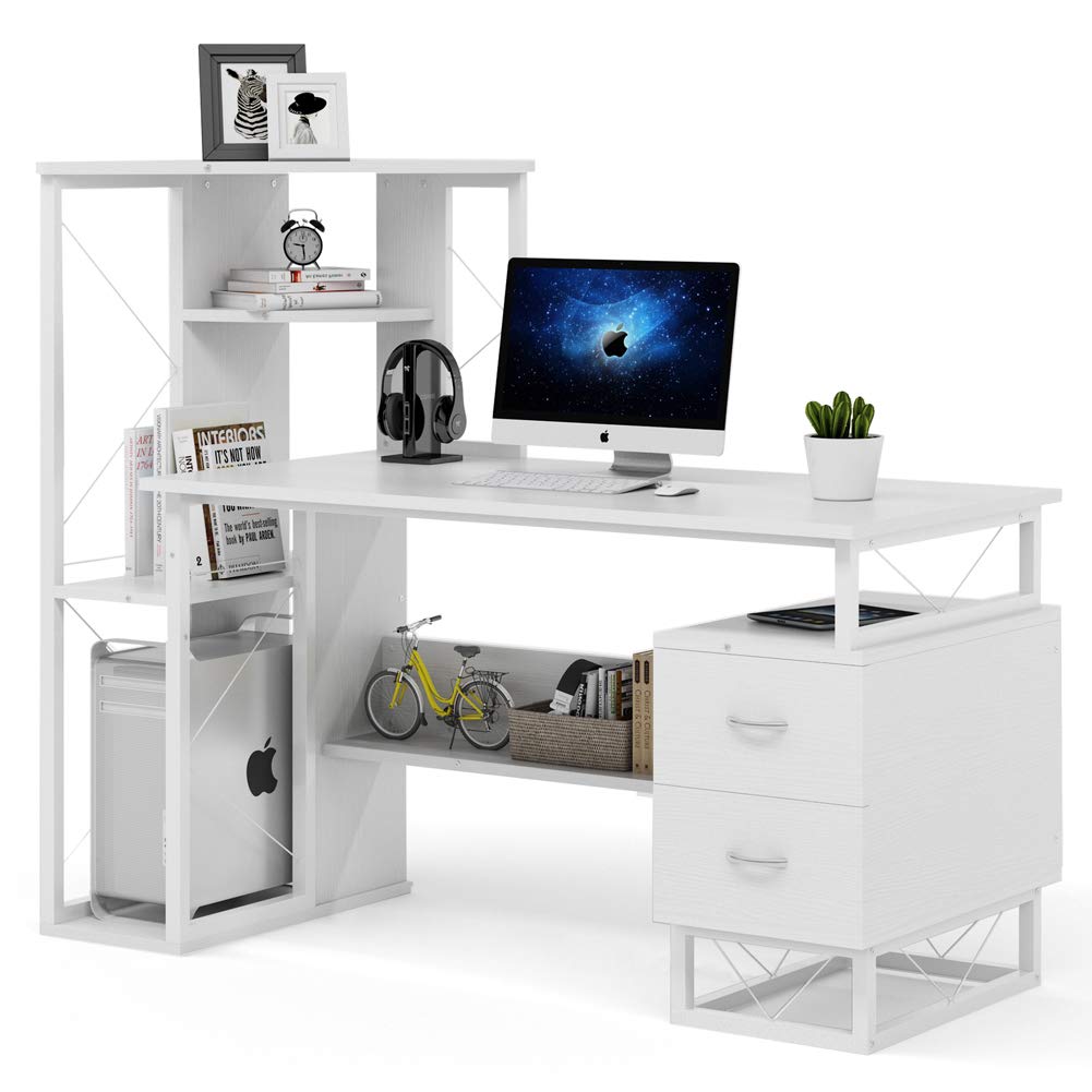 Tribesigns White Computer Desk with Drawers & Corner Shelves - Compact Home Office Desk for Small Spaces | Perfect for Work from Home, Study & Gaming Setup