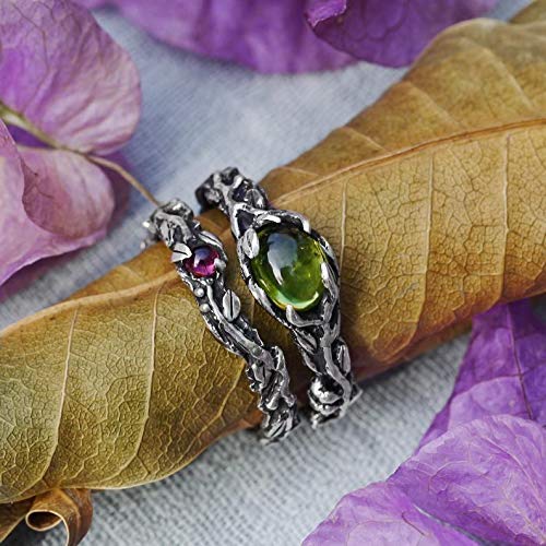 Set of 2 Vita + Band Engagement Rings - Custom Made Chrysolite & Tourmaline Wedding Ring Set, Twig Design Stackable Rings for Women | Perfect for Proposals, Anniversaries & Everyday Wear