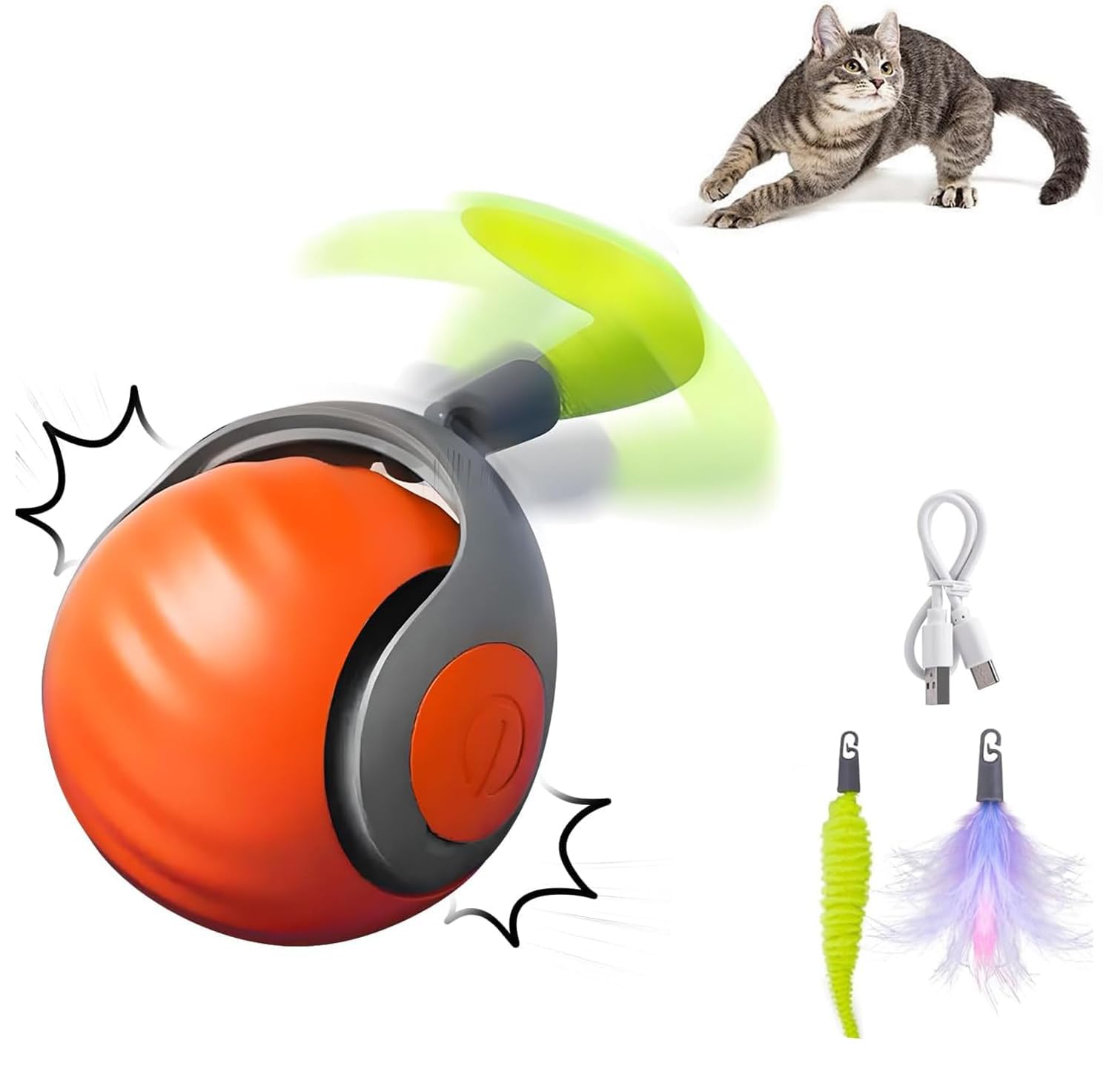 Speedy Tail 2.0 Interactive Cat Toy Ball - Motion Activated Feather Tail Automatic Cat Stimulation Toy for Indoor Cats - Perfect for Playtime & Exercise
