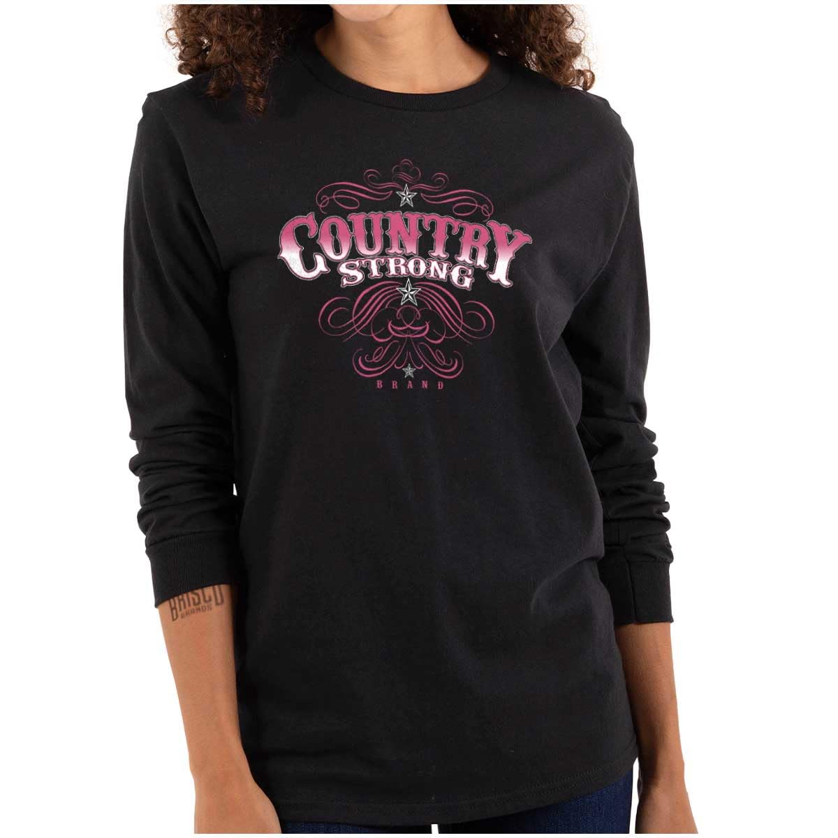 Brisco Brands Country Strong Western Stars Cowgirl Women's Long Sleeve T-Shirt - Vintage Western Style Tee for Women - Perfect for Rodeo, Country Concerts & Western Fashion