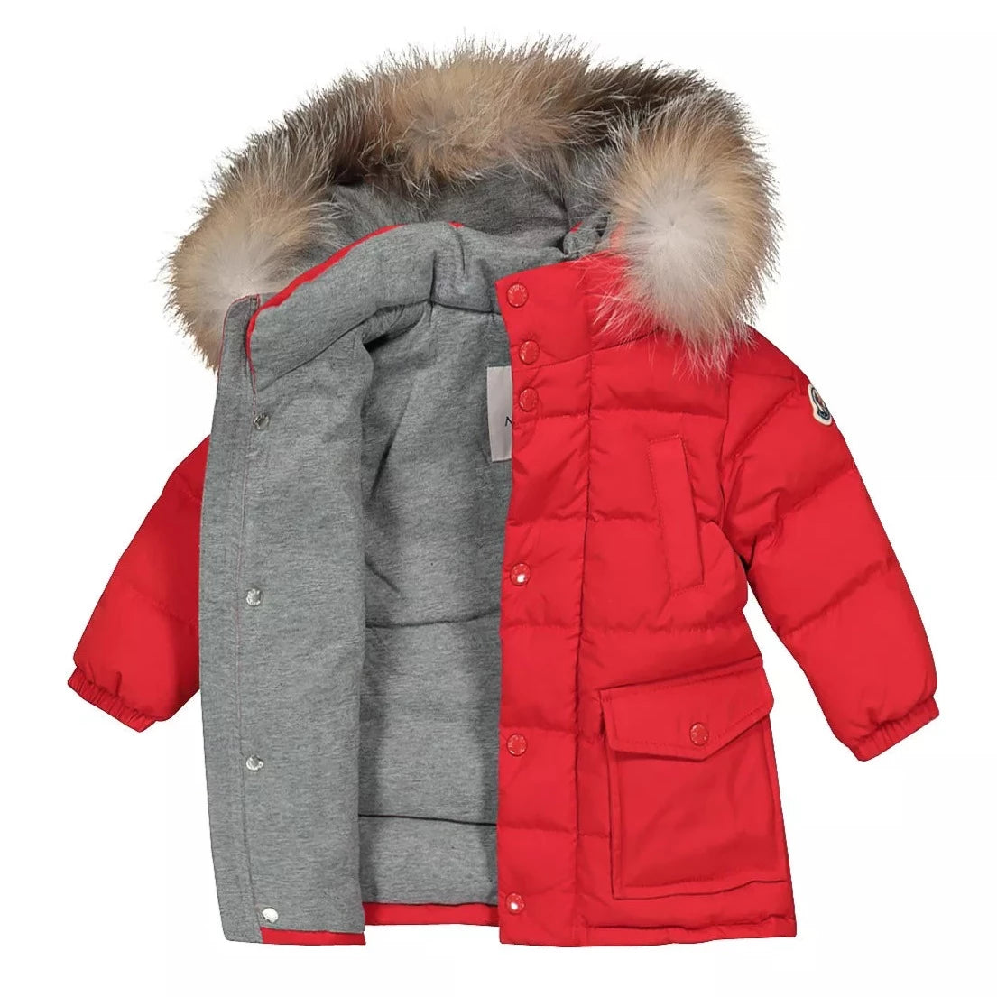 Moncler Red Fur-Trimmed Down Parka for Infants - Warm Winter Coat for Babies, Perfect for Cold Weather & Outdoor Adventures