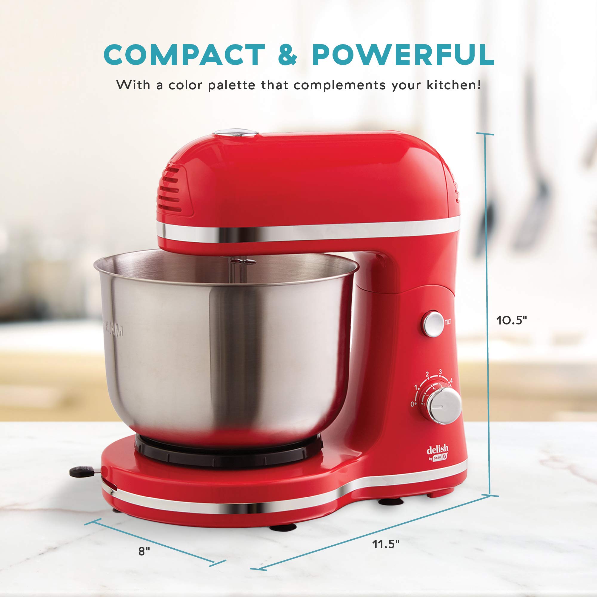 DASH Delish Compact Stand Mixer, 3.5 Quart - Includes Beaters & Dough Hooks, Powerful Electric Hand Mixer for Baking - Perfect for Cakes, Cookies, Bread & Dough - Red (Great for Home Bakers & Small Kitchens)