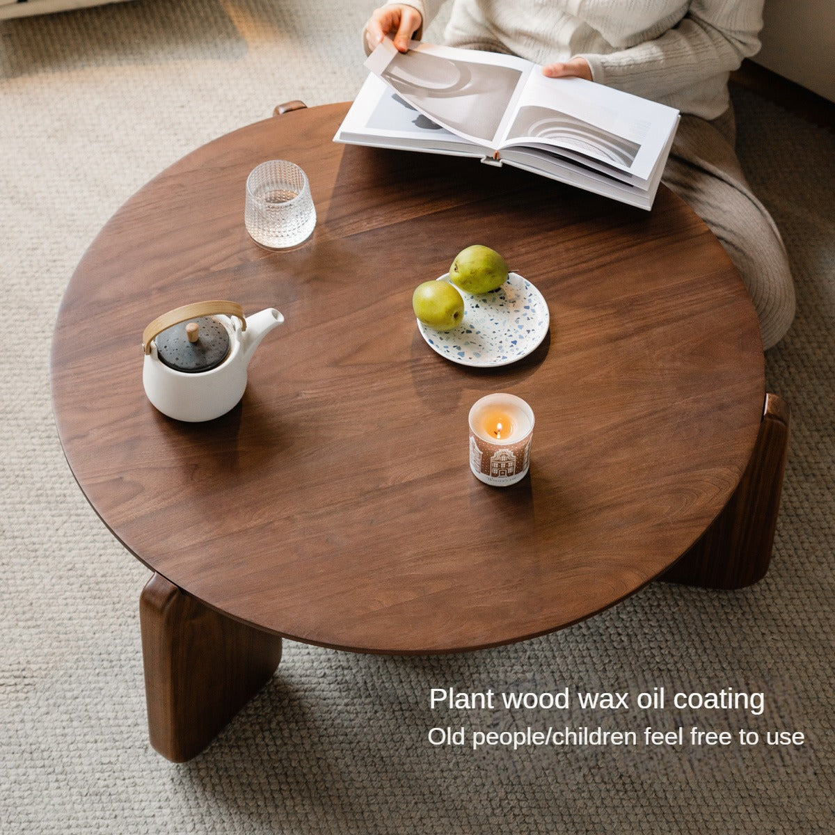 Solid Black Walnut Wood Round Slate Coffee Table - Rustic Modern Living Room Furniture for Home Decor & Tea Time Relaxation