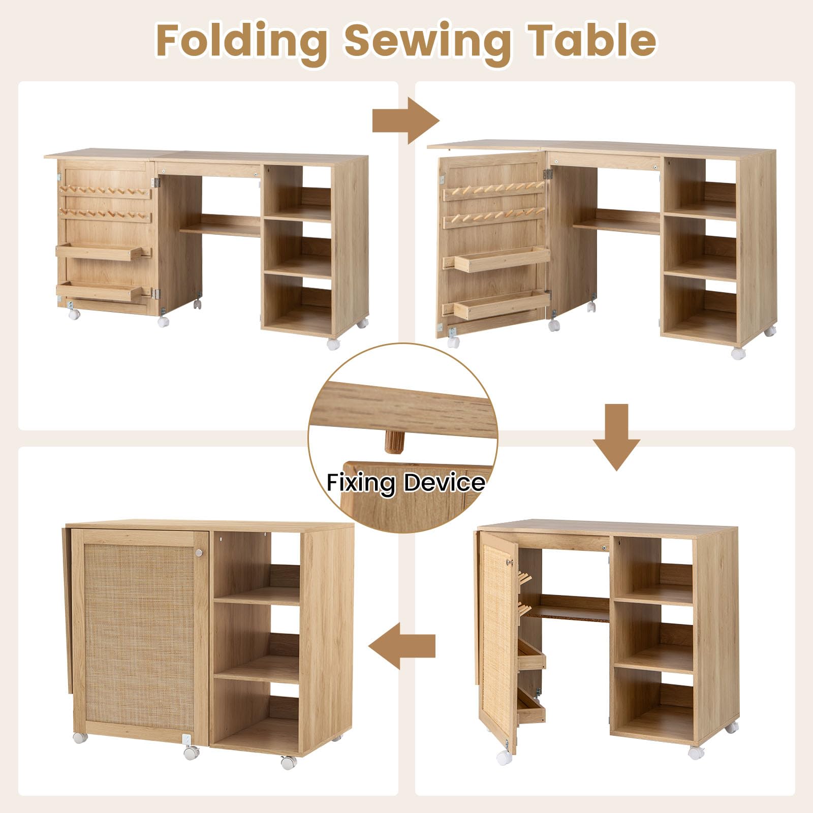 COSTWAY Rattan Sewing Machine Table with Storage - Foldable Craft Desk with Lockable Wheels, 18 Pegs, 2 Bins & Side Cabinet - Perfect for Sewing, Crafting & Home Office in Living Room or Bedroom