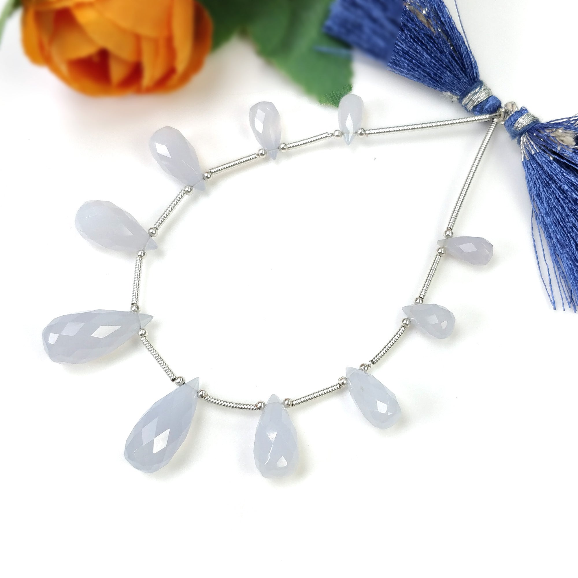 Natural Blue Chalcedony Gemstone Checker Cut Loose Beads - 40.00cts Untreated Faceted Tear Drop Beads (9.5mm-18mm) for Jewelry Making, DIY Crafts & Healing Crystal Bracelets