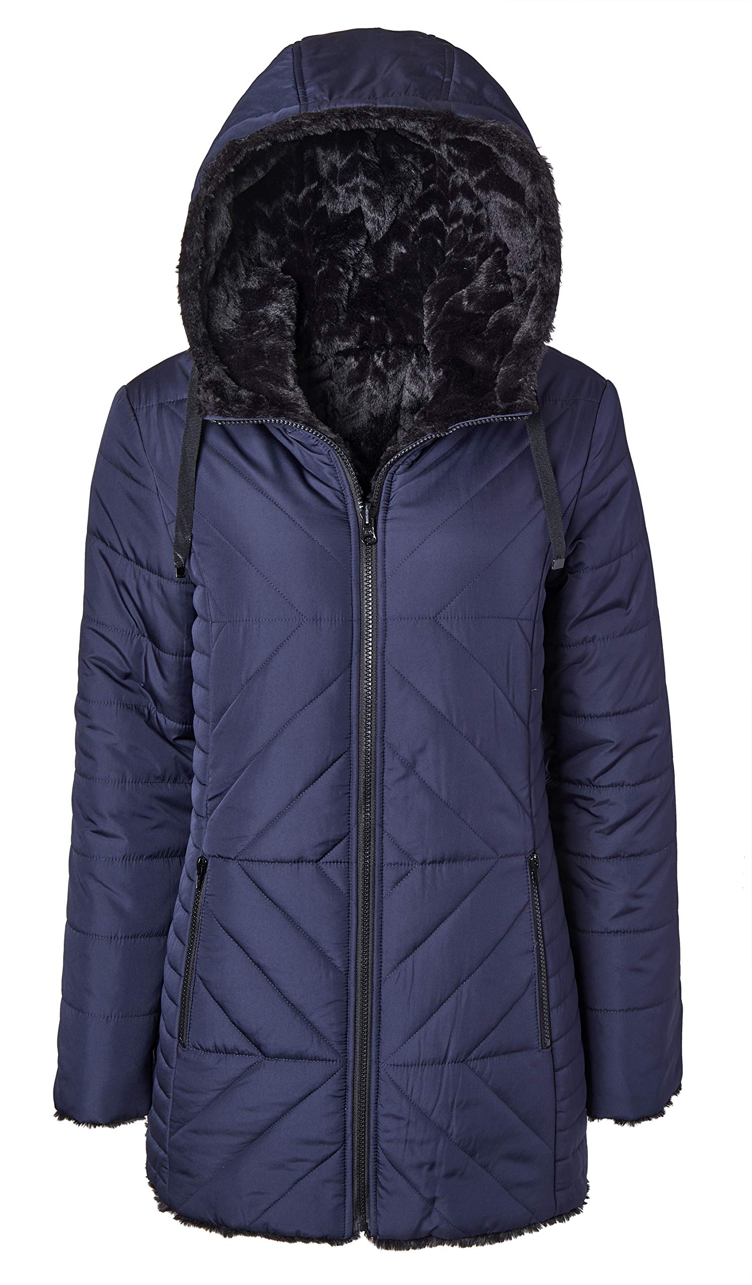 Women's Reversible Hooded Puffer Jacket - Black Chevron Faux Fur Winter Coat for Cold Weather | Warm Outerwear for Snow, Skiing & Everyday Winter Fashion