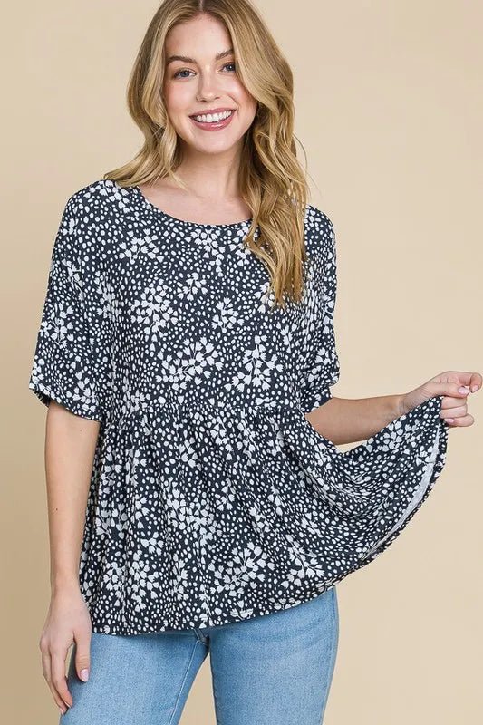 BOMBOM Women's Floral Print Round Neck Peplum Blouse - Stylish Tunic Top for Casual Wear, Office & Date Night