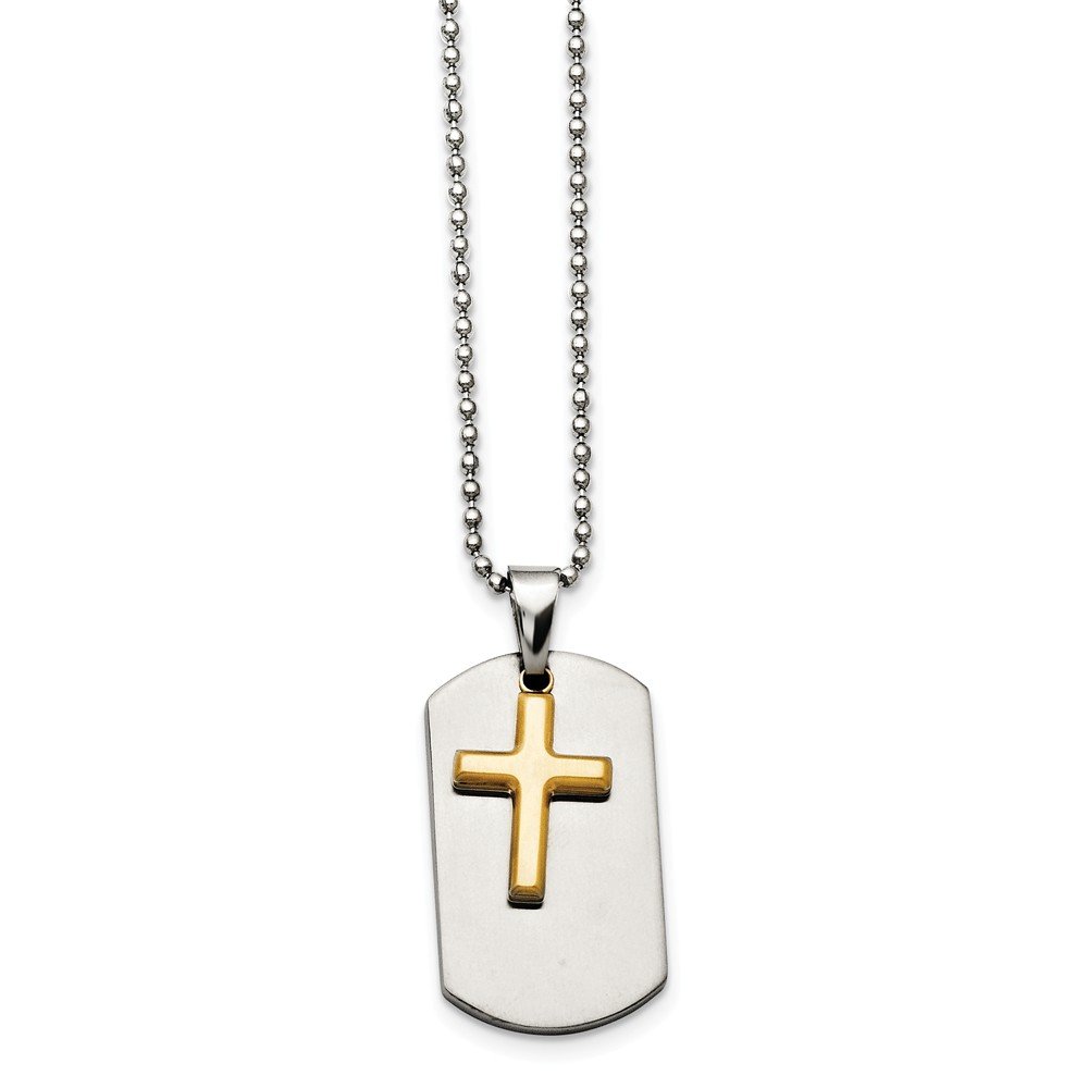 Stainless Steel Polished Dog Tag Necklace with Yellow IP-Plated Brushed Cross - Perfect for Military Style, Gifts, and Everyday Wear