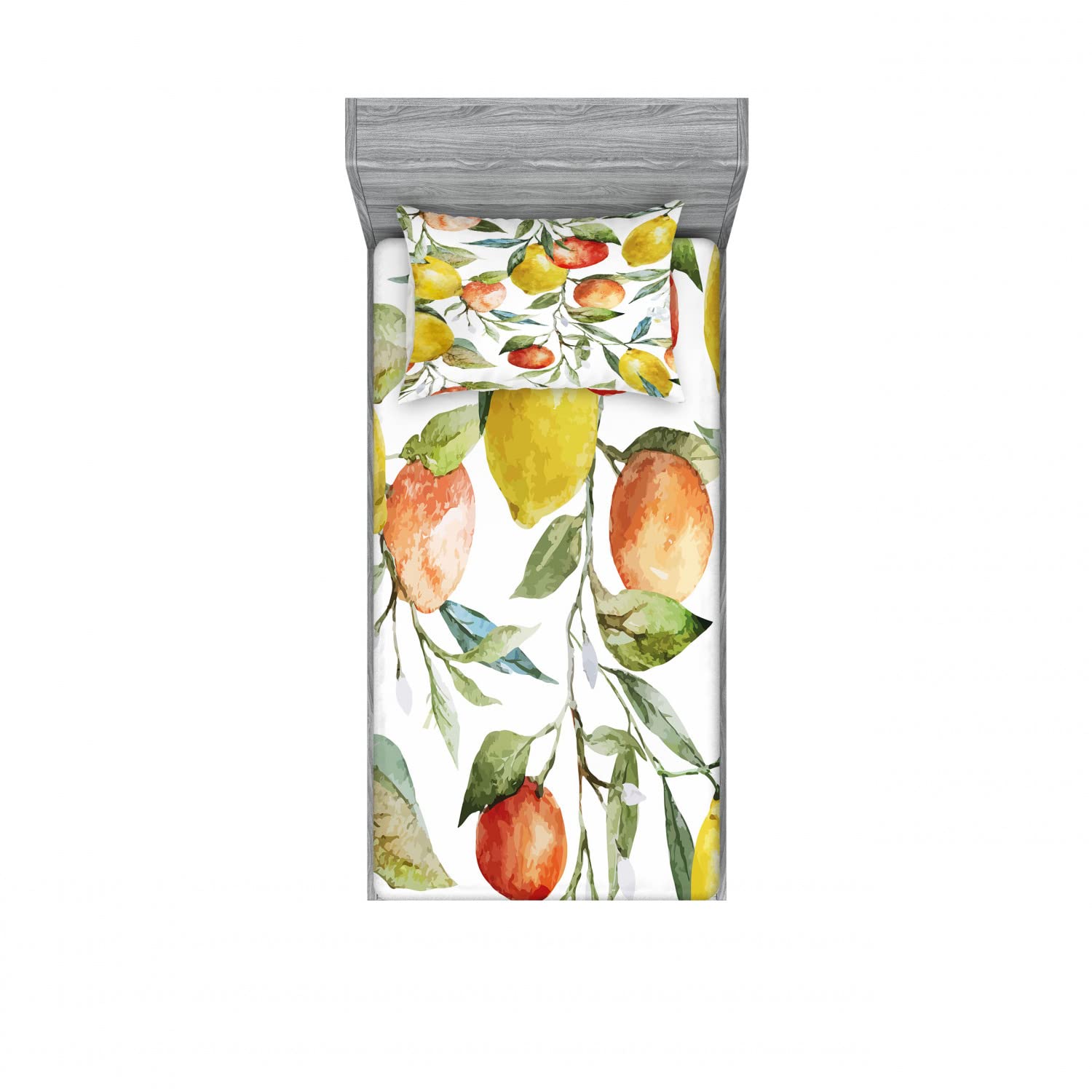 Ambesonne 2-Pack Twin XL Fitted Sheets & Pillow Sham Set - Vibrant Orange Clementine Tree Pattern, 4-Piece Bedding Decor for Kids & Teens - Soft Microfiber for Comfortable Sleep - Perfect for Dorm Rooms, Guest Beds & Cozy Bedroom Makeovers