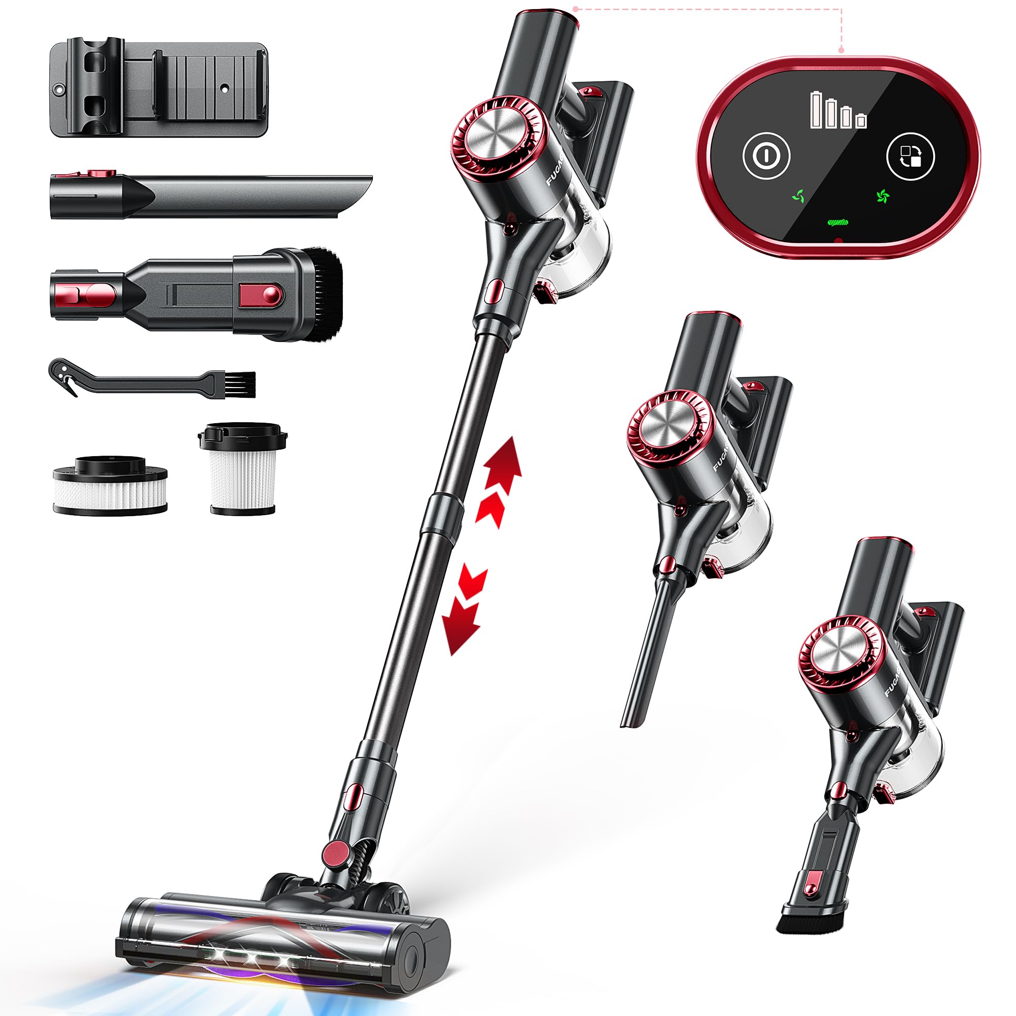 FUFACAL 23KPA Cordless Stick Vacuum Cleaner with 2200mAh Detachable Battery, 42 Mins Runtime, 6-in-1 Multi-Surface Cleaning, LED Display - Lightweight Vacuum for Hard Floors, Carpets, Cars & Pet Hair (Perfect for Home, Office & Auto Cleaning)