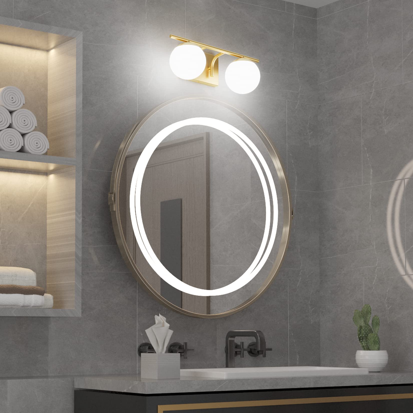 Ralbay Gold 2-Light Mid Century Modern Bathroom Vanity Light Fixture with Milky Glass Globes - Elegant Wall Sconce for Bathroom, Powder Room, and Dressing Area Lighting