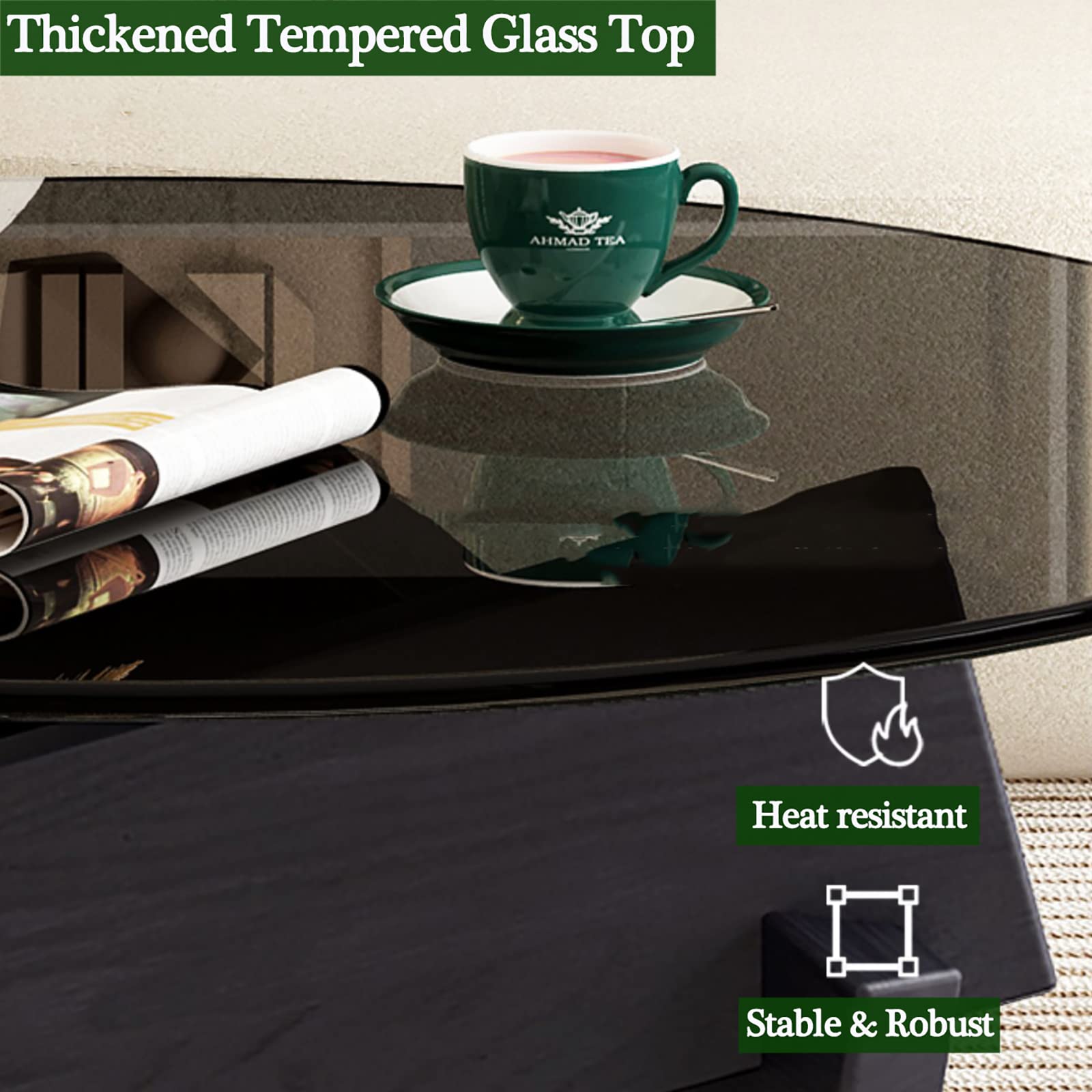 Mid-Century Modern Round Coffee Table with Thickened Glass Top & Wood Base - 31.5