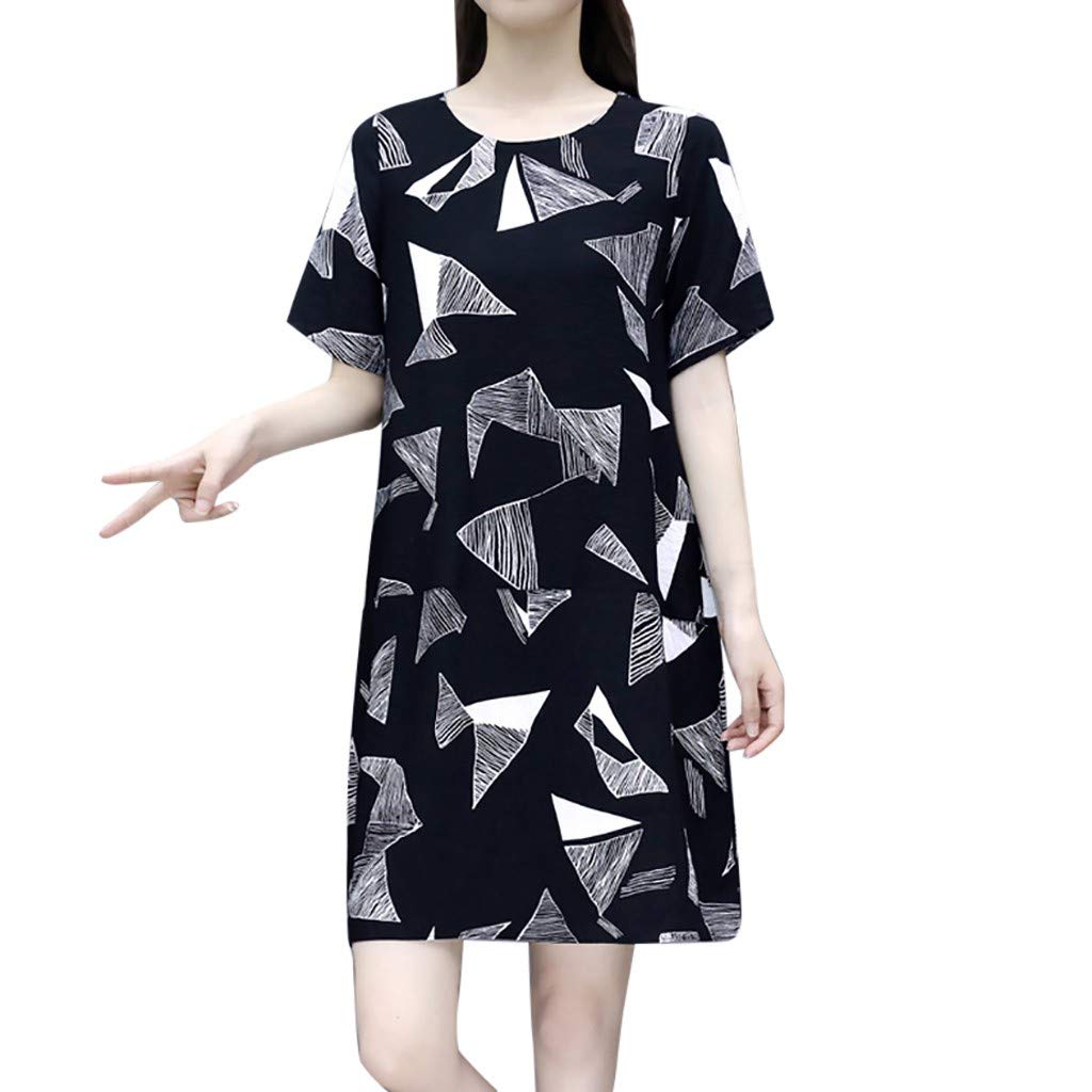 Women's Summer Floral Print Short Sleeve Dress with Round Neck - Elegant Casual & Formal Wear for Office, Party, and Vacation Outfits