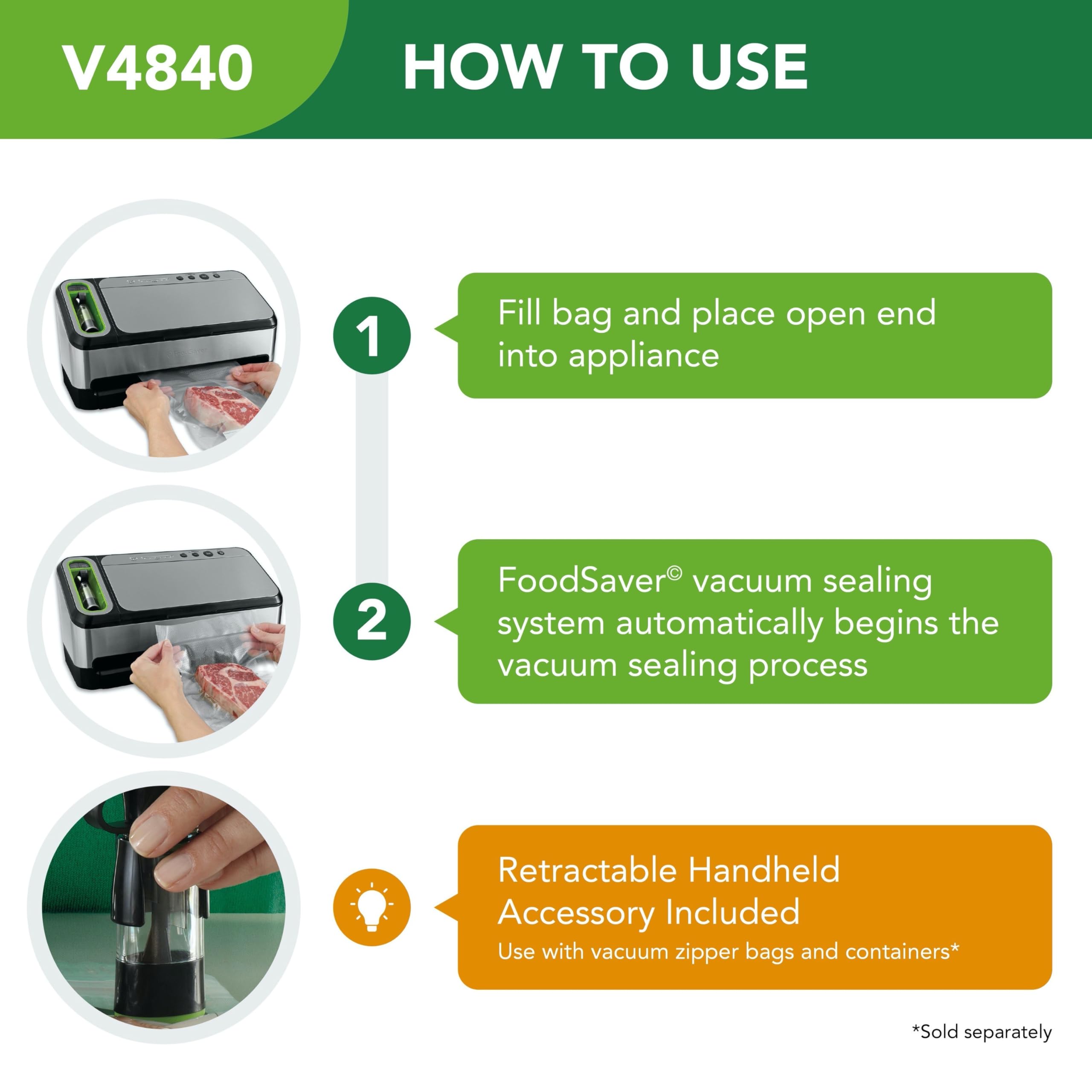 FoodSaver 4800 Series 2-in-1 Automatic Vacuum Sealing Machine with Starter Kit | Compact Food Preservation System for Freshness | Perfect for Meal Prep, Sous Vide & Freezer Storage (Model V4840)