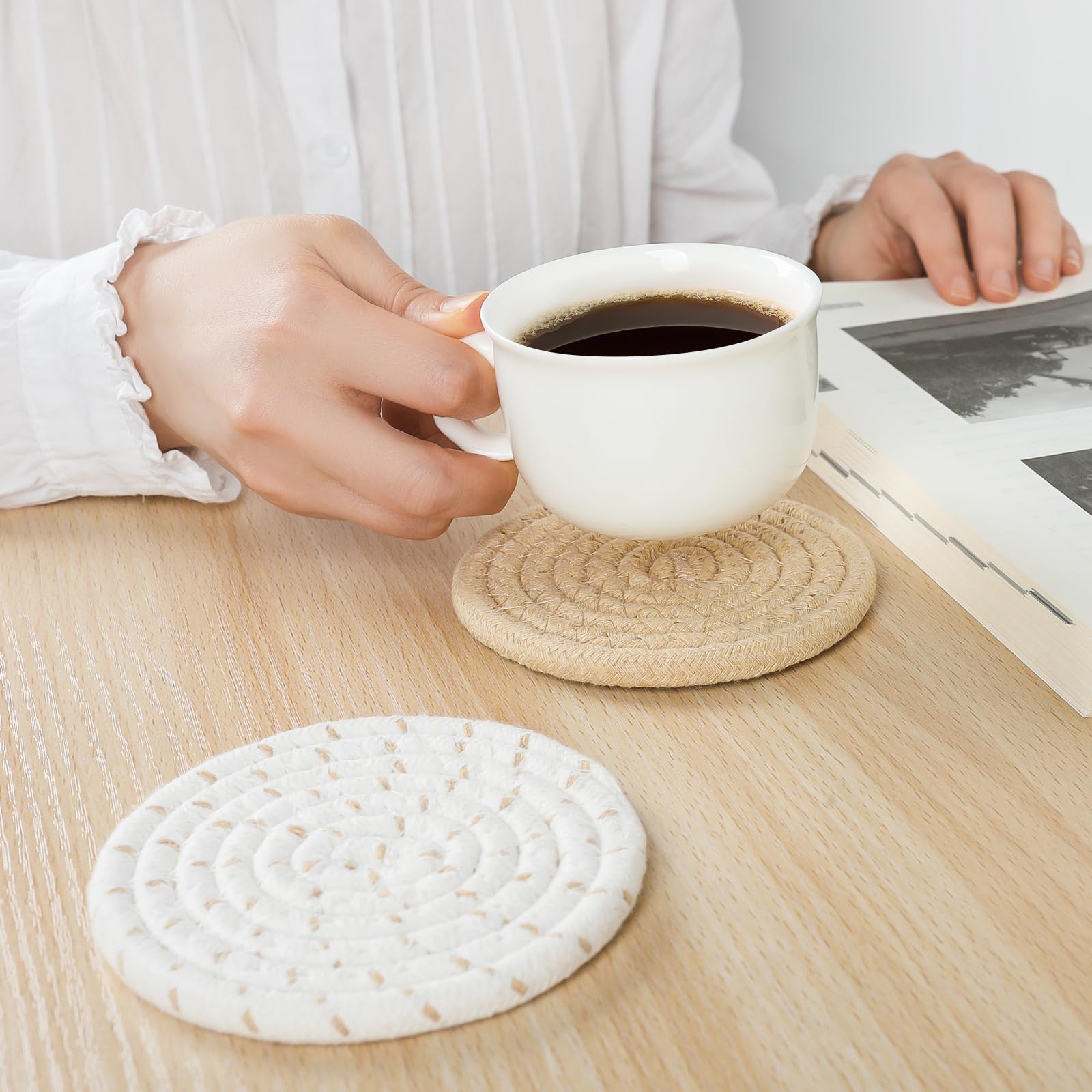 12 Pcs Boho Drink Coasters - Minimalist Cotton Handmade Woven Absorbent Coasters, Heat Resistant for Coffee, Tea & Beverages | Perfect for Kitchen, Dining Table, Home Decor & Housewarming Gifts