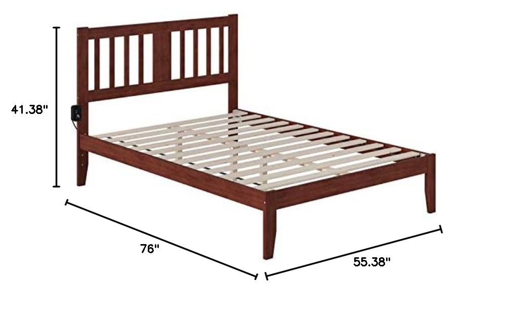 BOWERY HILL Traditional Solid Wood Full Size Spindle Bed Frame with USB Turbo Charger - Walnut Finish for Bedroom, Guest Room & Dormitory