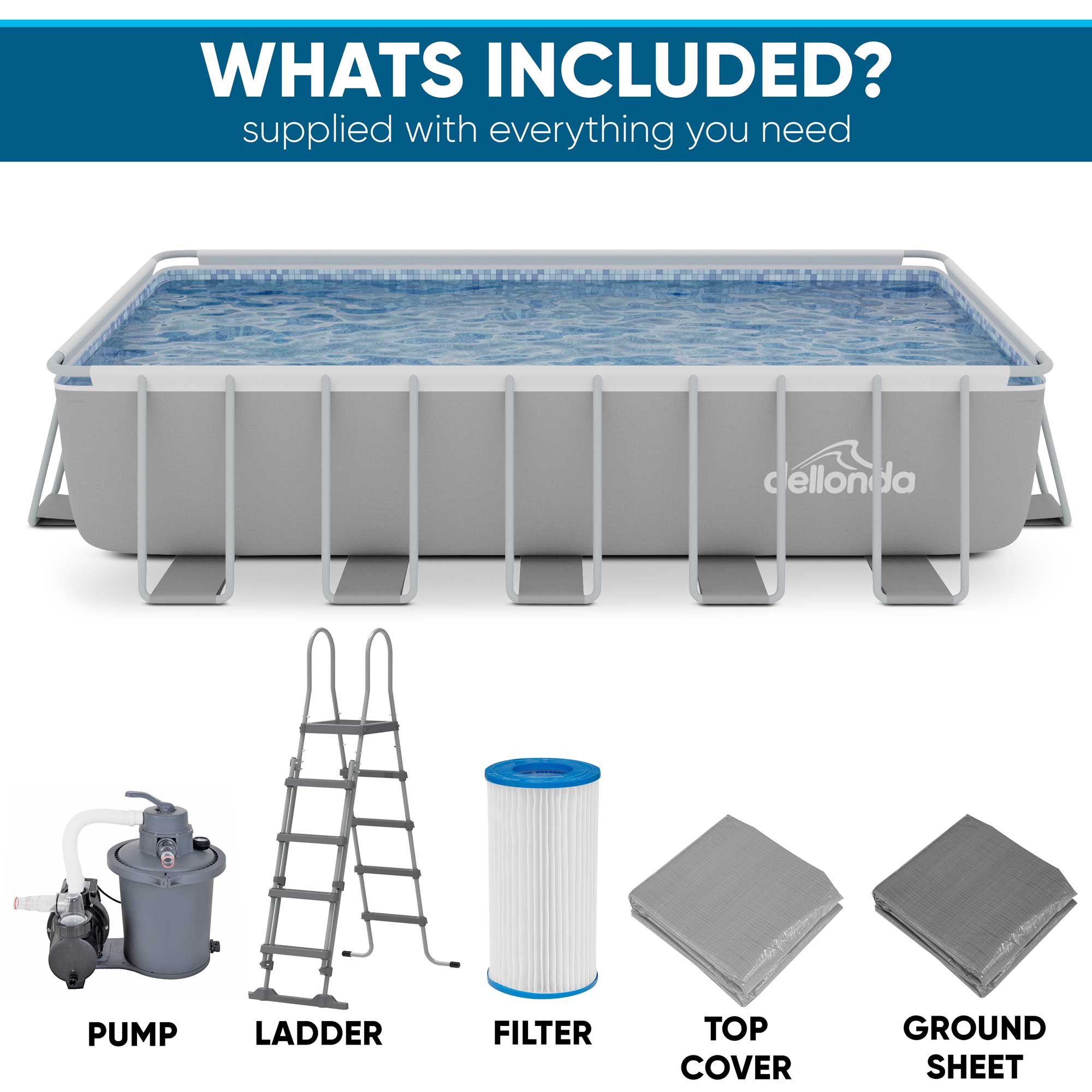 Dellonda 21ft Deluxe Rectangular Steel Frame Swimming Pool with Step Ladder & Filter Pump DL150 - Perfect for Backyard Family Fun, Summer Parties & Outdoor Relaxation