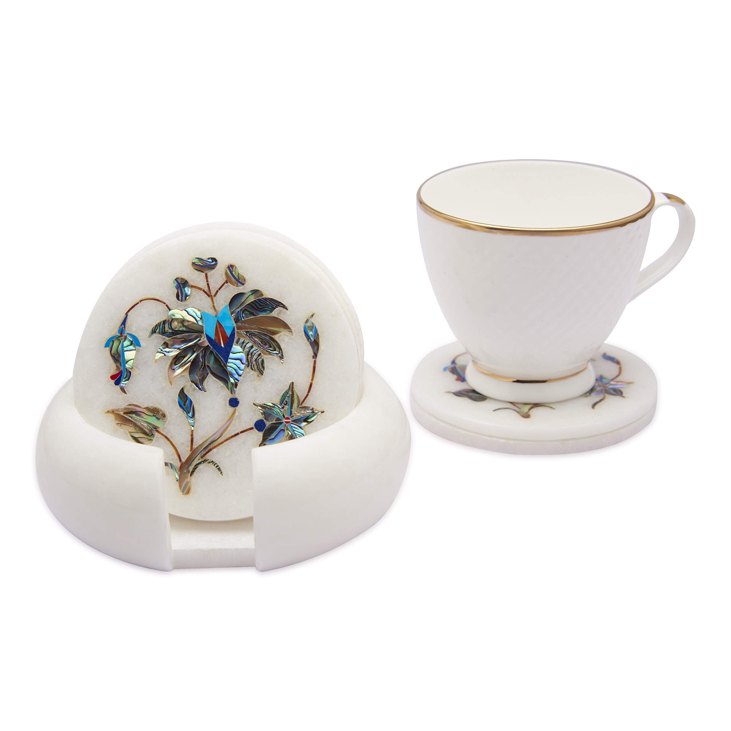 Natural White Makrana Marble Coasters Set of 6 with Holder - Shiny Abalone Shell Inlaid Drink Coasters, 4 Inch Tile for Coffee Table Decor - Perfect for Home, Office, and Gift Giving