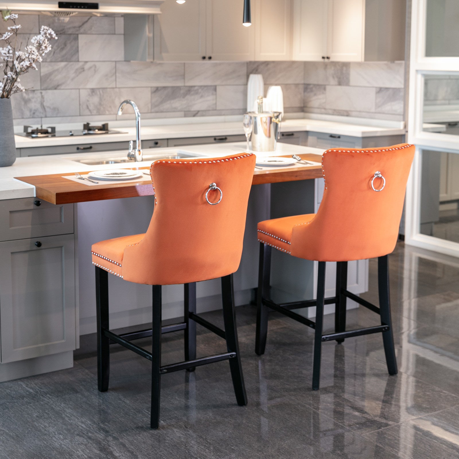 Luxury Velvet Bar Stools Set of 2 - Modern Button Tufted Bar Chairs with Wooden Legs & Chrome Nailhead Trim - Orange Upholstered Counter Stools for Kitchen Island, Home Bar & Dining Room Decor