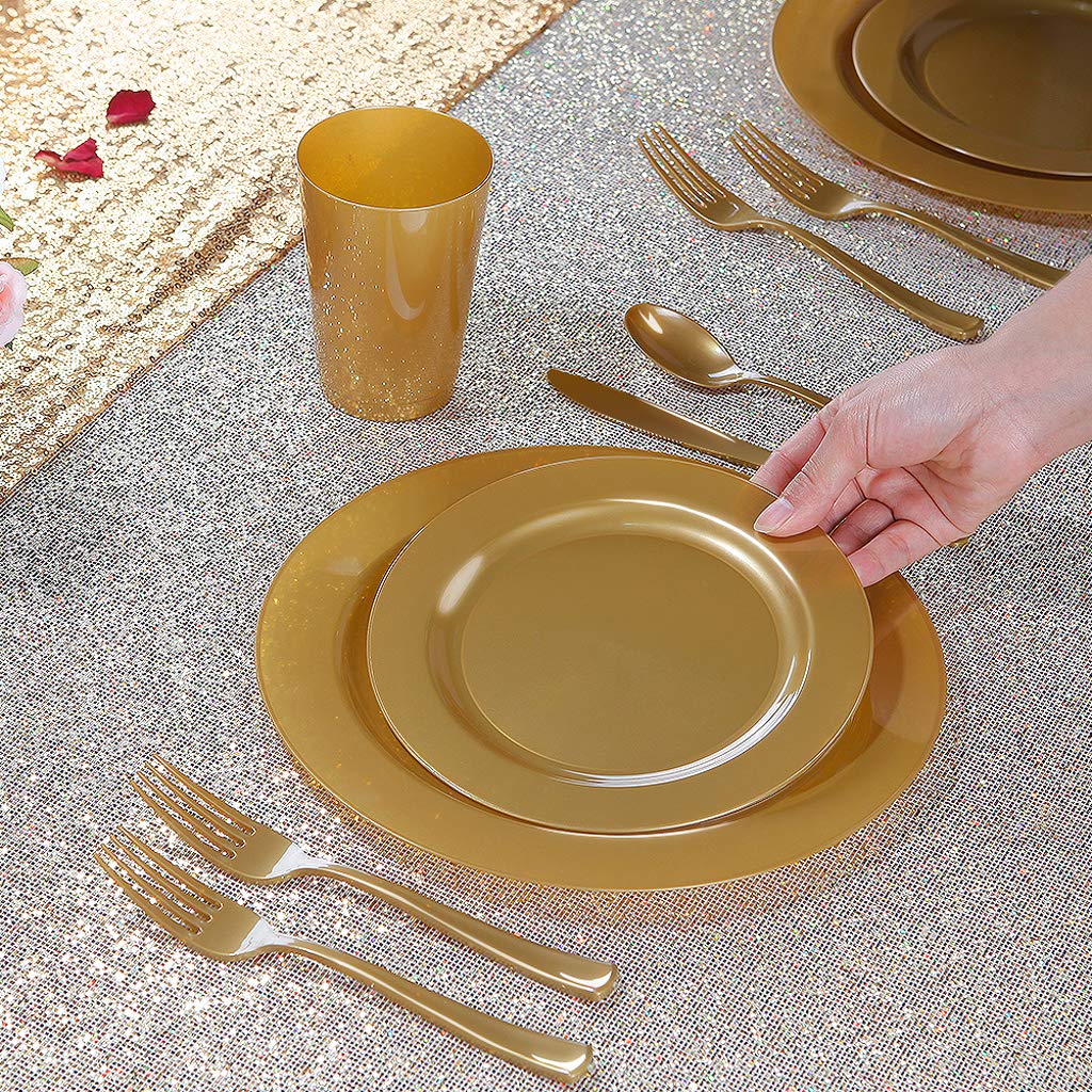 180-Piece Gold Plastic Plate Set - Premium Heavyweight Disposable Gold Dinnerware Includes 10.25