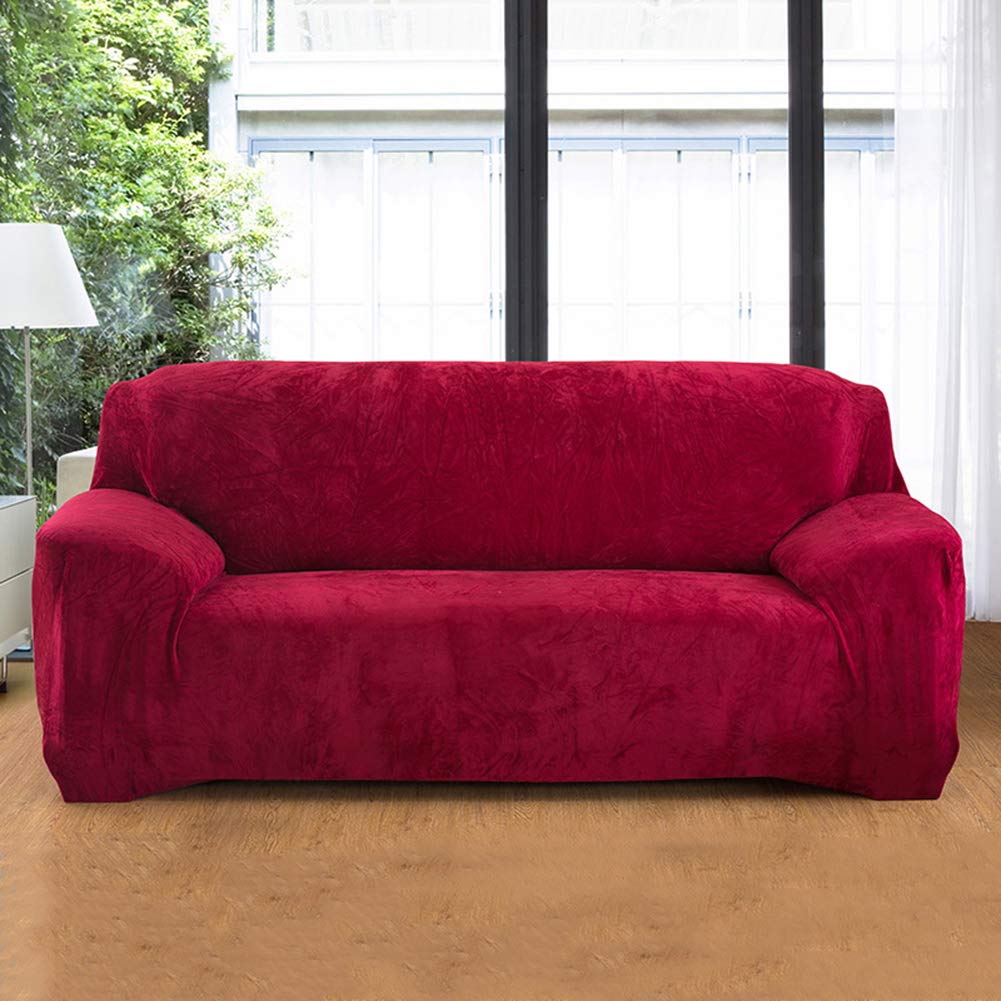 Luxury Velvet Stretch Sofa Cover - 3 Seater Anti-Slip Couch Slipcover, Soft Plush Full Coverage Furniture Protector for Living Room (Wine Red) - Perfect for Home Decor, Pet Protection & Spill Prevention