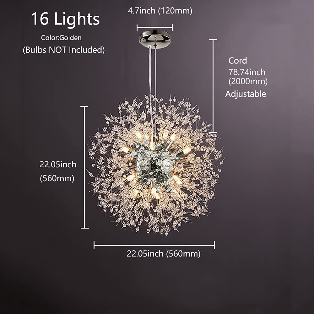 16-Light Modern Crystal Chandelier - Chrome Dandelion Firework Ceiling Light Fixture for Living Room, Dining Room, Kitchen & Bedroom | Elegant Home Lighting for Weddings, Parties & Luxury Interiors