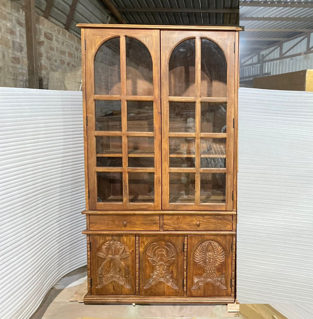 Hand Carved Large Wooden Menagerie Display Cabinet with Glass Doors - Perfect for Showcasing Collectibles, Antiques & Home Decor