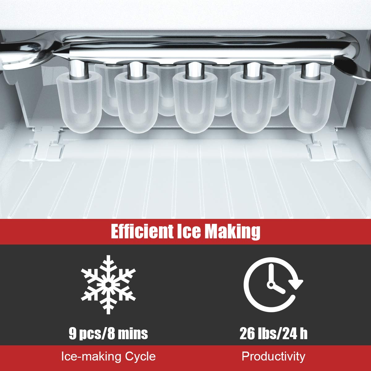 Posdutti Countertop Ice Maker Machine - 26Lbs/24H, Bullet-Shaped Ice Cubes in 8 Minutes, Portable Electric Ice Maker with Basket & Scoop, Self-Cleaning Function - Perfect for Home, Office, Parties, RV & Outdoor Use (Red)