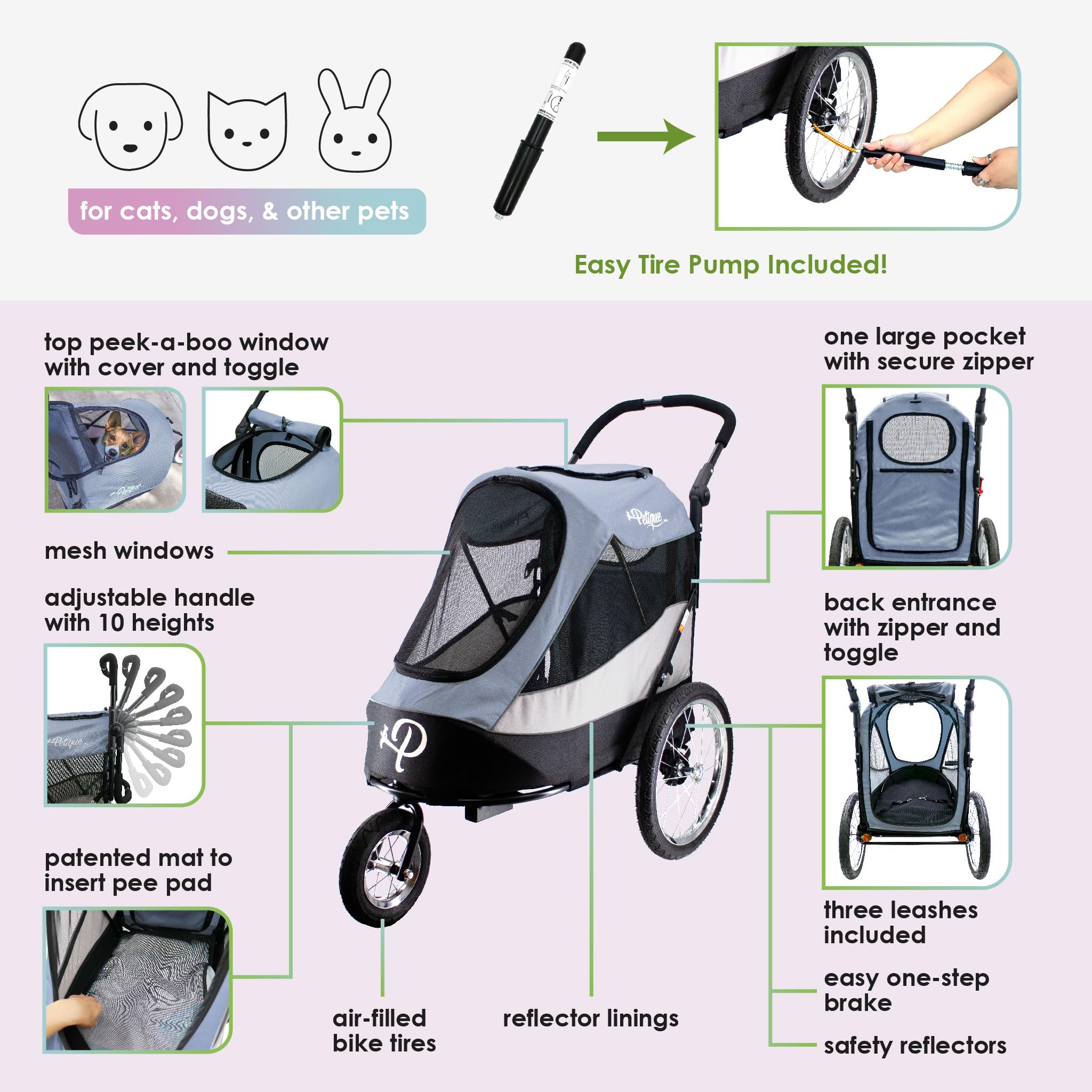 Petique Trailblazer Jogger - Medium Dog Stroller with Ventilation for Cats & Dogs (Gray) - Perfect for Jogging, Shopping & Outdoor Adventures with Your Pet
