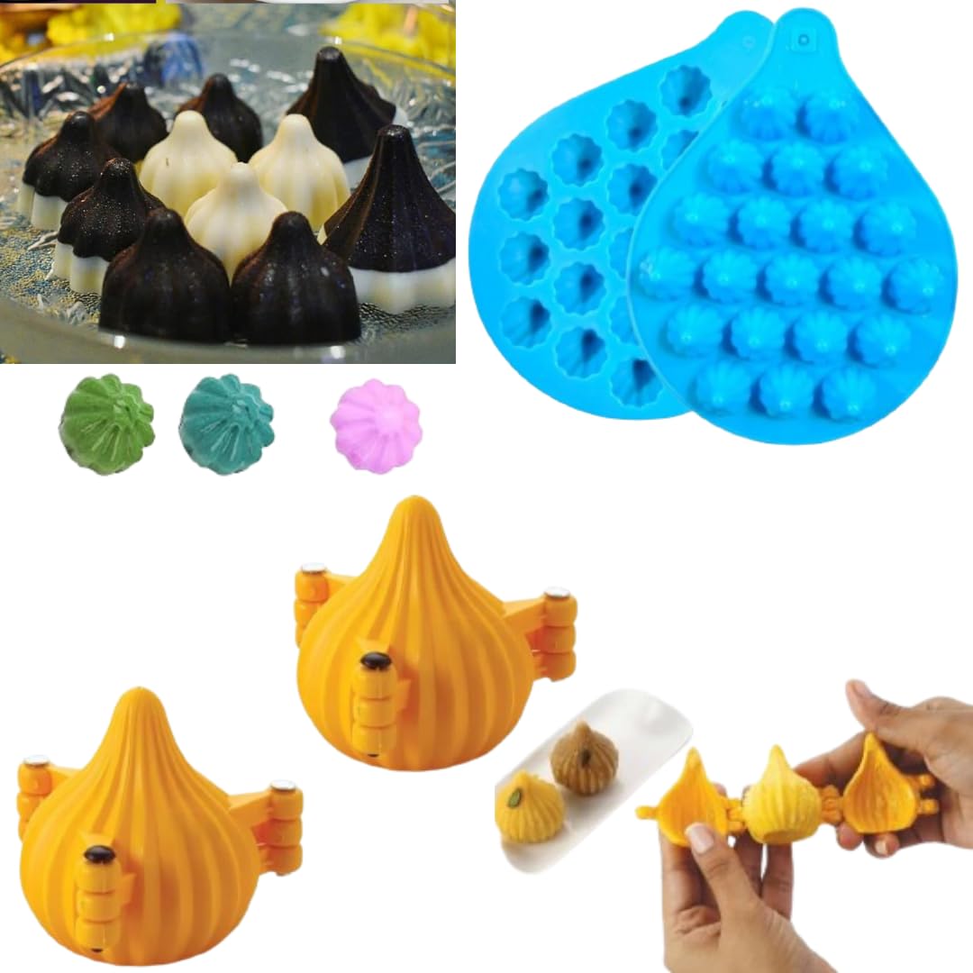 LEGACYCART 21 Cavity Silicone Modak Mold Set - 1PC 3D Modak Mould + 2PC Big & Small Three-Fold Modak Makers for Cake, Cupcake, Chocolate, Mousse, Brownie, Cookie, Pudding & Candy Making - Perfect for Diwali, Holi, Birthday Parties & Home Baking (3-Piece Set)
