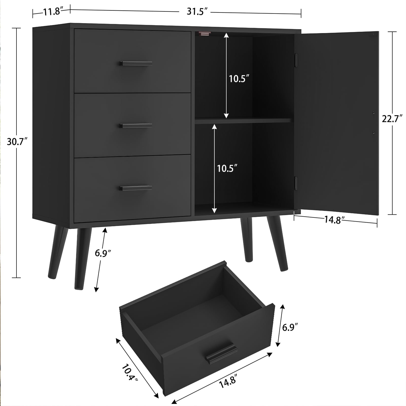 Iwell 3-Drawer Black Storage Cabinet with Adjustable Shelf - Sideboard Buffet Cabinet for Entryway, Living Room & Dining Room - Modern Organizer for Home Decor & Storage Solutions