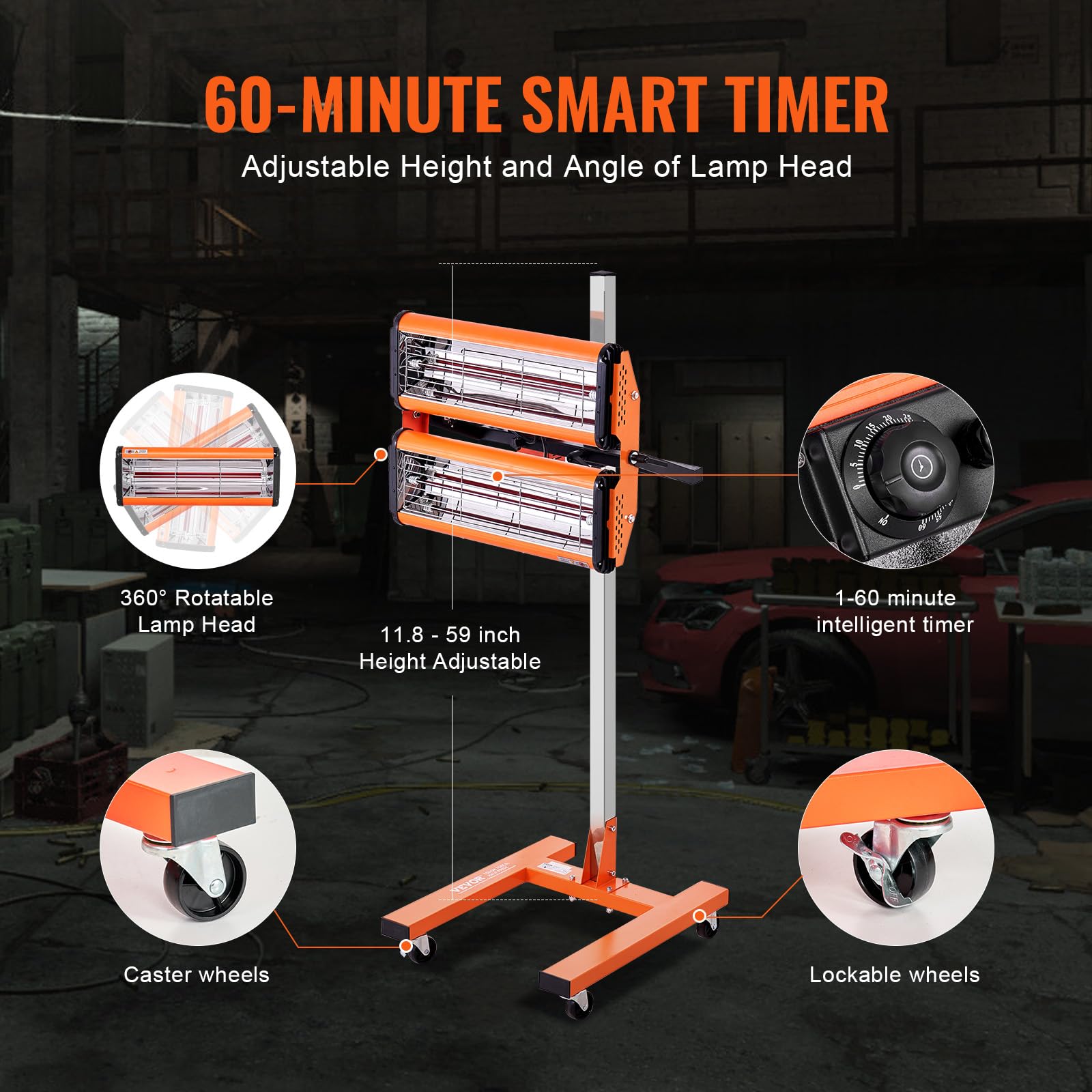VEVOR 2000W Infrared Paint Curing Lamp - Fast Drying Car Bodywork Repair Heater with Stand | Professional Automotive Paint Dryer for DIY & Auto Shops | Perfect for Detailing, Touch-Ups & Restoration Projects