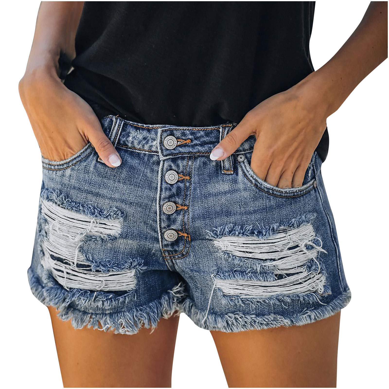 SHOPESSA Women's Ripped Denim Shorts - Low Rise Distressed Folded Hem Jean Shorts for Women & Juniors | Casual Summer Outfits, Beach Wear & Street Style
