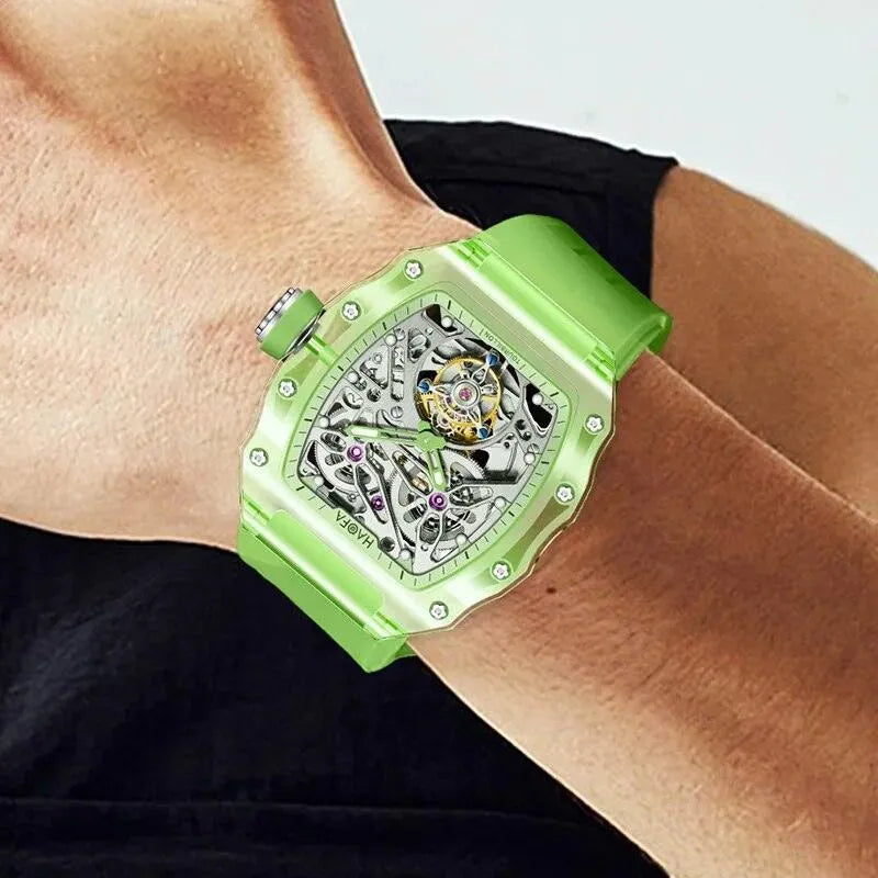 Haofa Luxury Men's Flying Tourbillon Watch - Crystal Clear Transparent Skeleton Design, Waterproof, Luminous, Automatic Mechanical Movement (Model 2201) - Perfect for Business, Formal Events & Luxury Gift Giving
