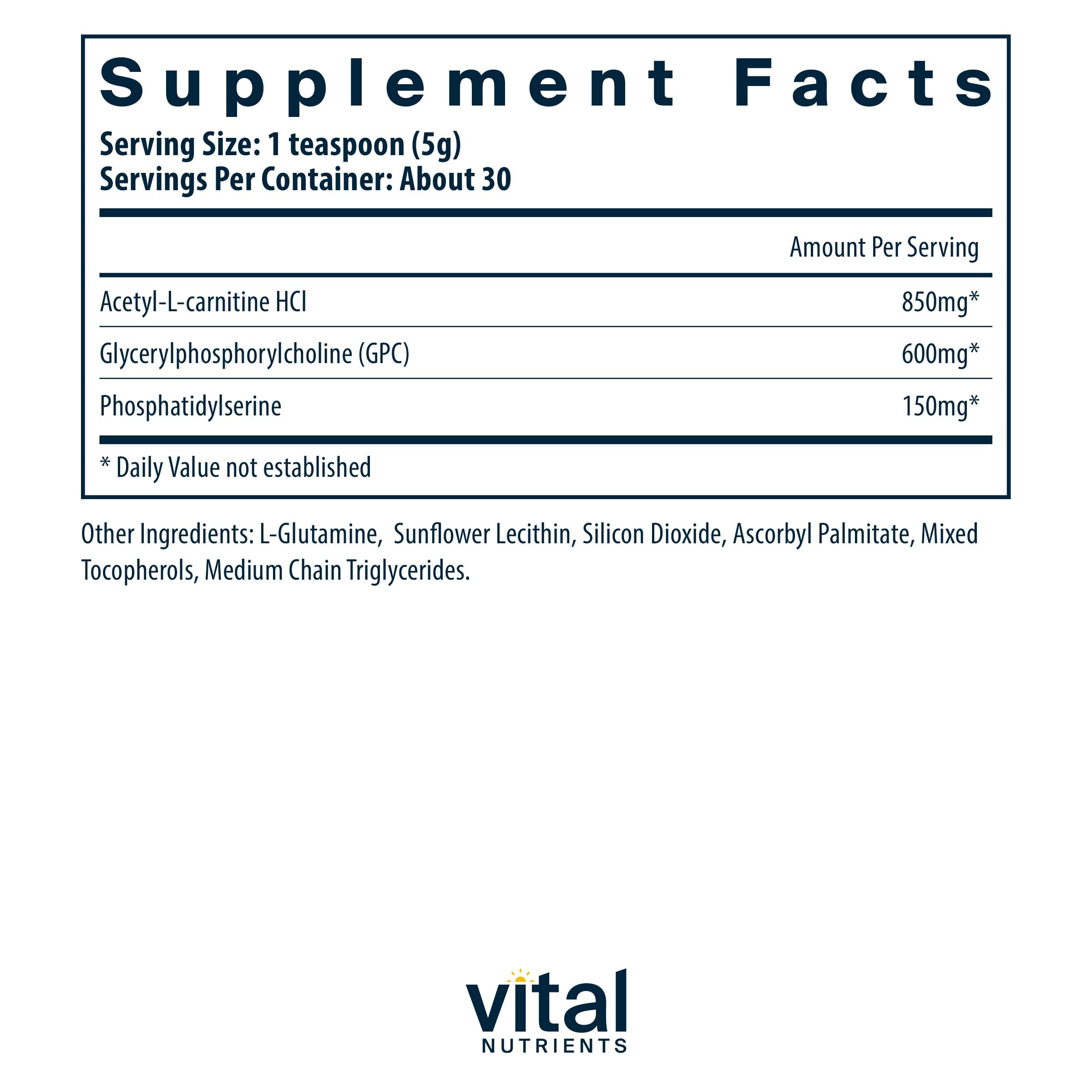 Vital Nutrients Brain Powder Supplement - Phosphatidylserine & Acetyl-L-Carnitine for Cognitive Function, Memory & Learning | Nootropic Brain Booster | Gluten, Dairy & Soy Free | Unflavored 150g | Perfect for Students, Professionals & Seniors to Enhance Focus & Mental Clarity