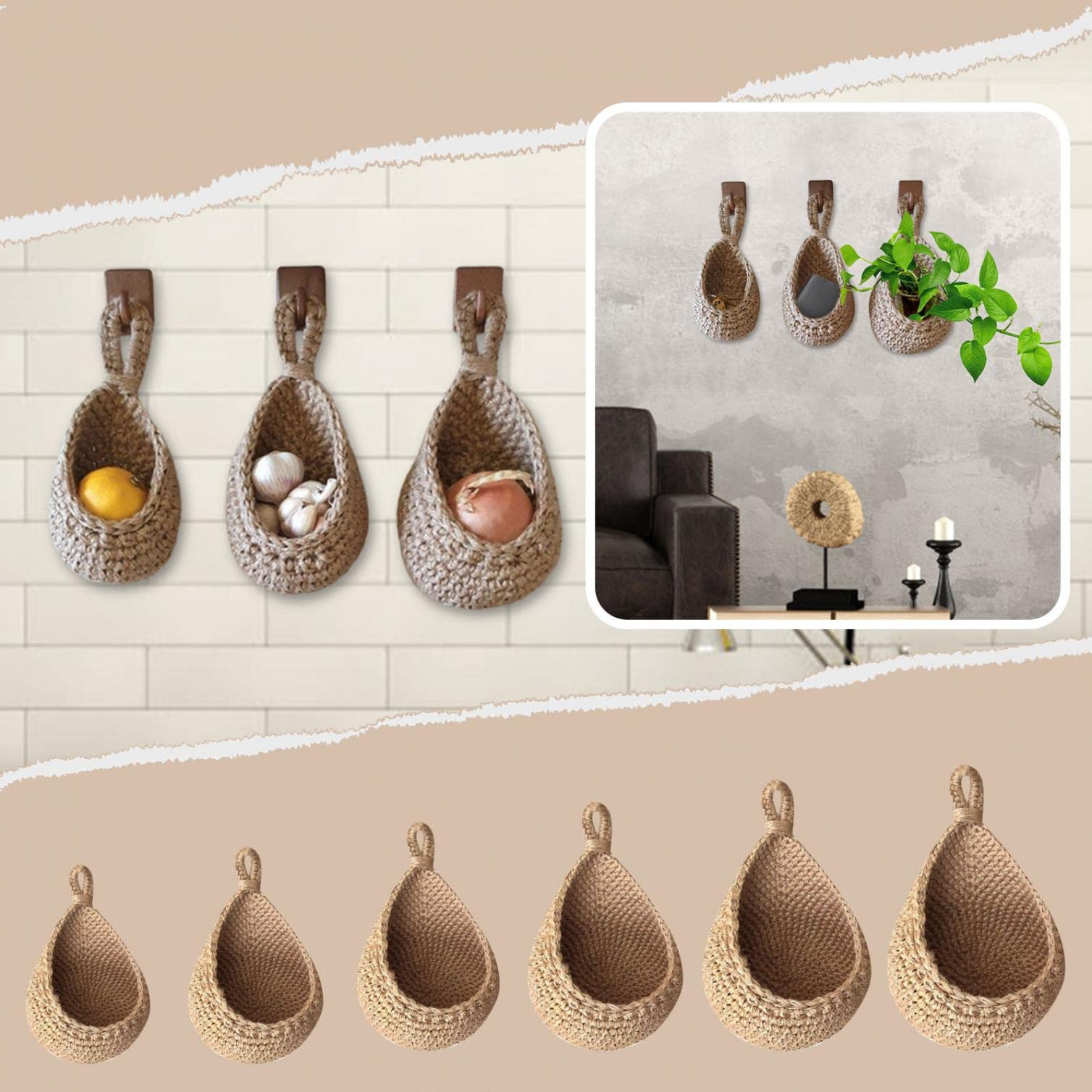 Bohemian Handwoven Hanging Wall Basket - Teardrop Shaped Storage for Fruits, Vegetables, Garlic & Plants | Kitchen Wall Organizer for Fresh Produce & Home Decor