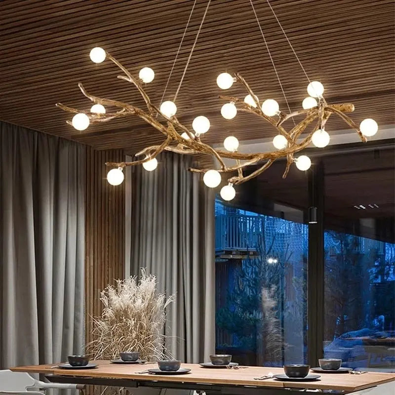 Rustic Branch Chandelier with Frosted & Clear Glass Balls - Farmhouse Ceiling Light Fixture for Dining Room, Bedroom or Living Room Decor