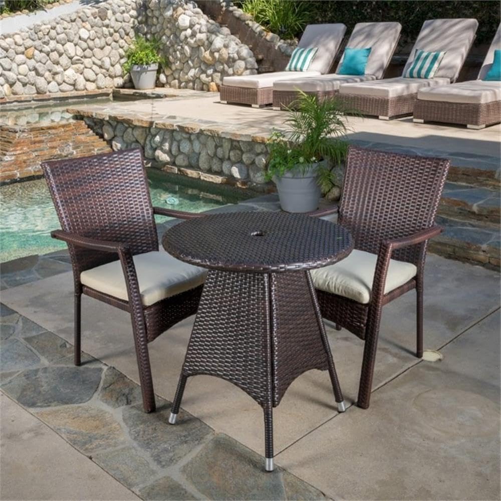 Noble House Georgina 3-Piece Brown Wicker Patio Dining Set - Outdoor Furniture for Garden, Poolside & Backyard Dining