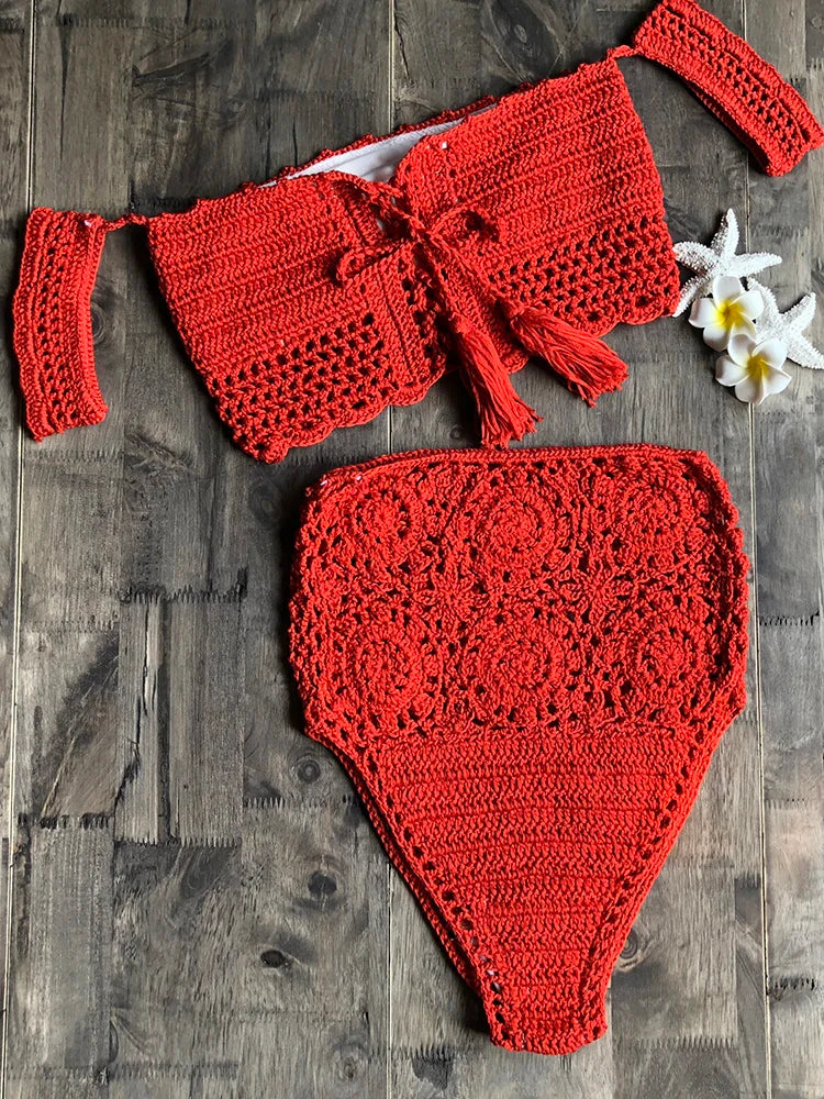 Crochet High Leg Bandeau Bikini Set - Women's Two Piece Swimwear High Waist Bikini Bathing Suit | Beach Vacation, Pool Party, Summer Fashion