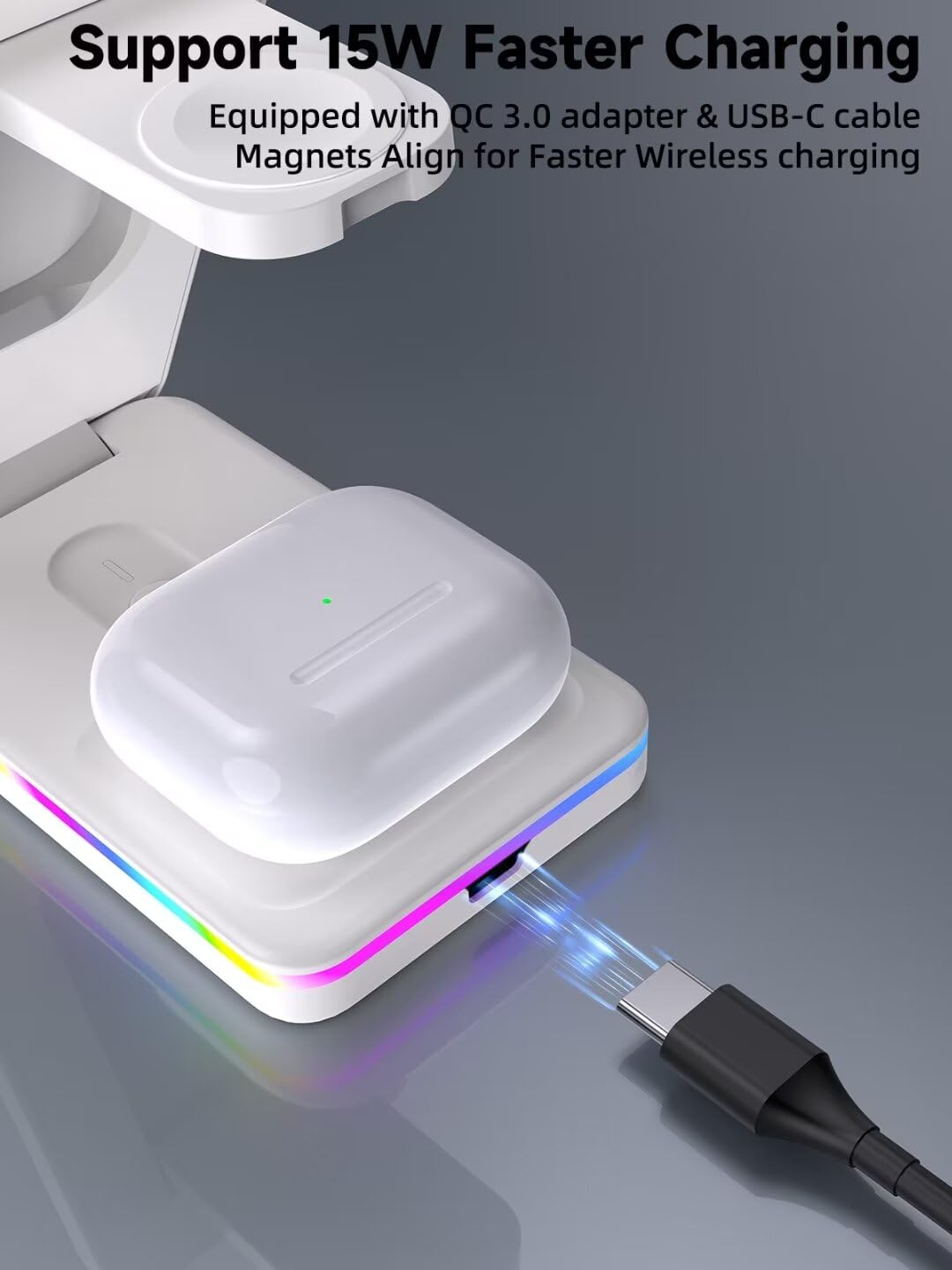 3-in-1 Foldable MagSafe Wireless Charging Station for iPhone 16 Pro Max/15/14/13/12, Apple Watch & AirPods - White | Bedside Nightstand Charger for Home, Office & Travel
