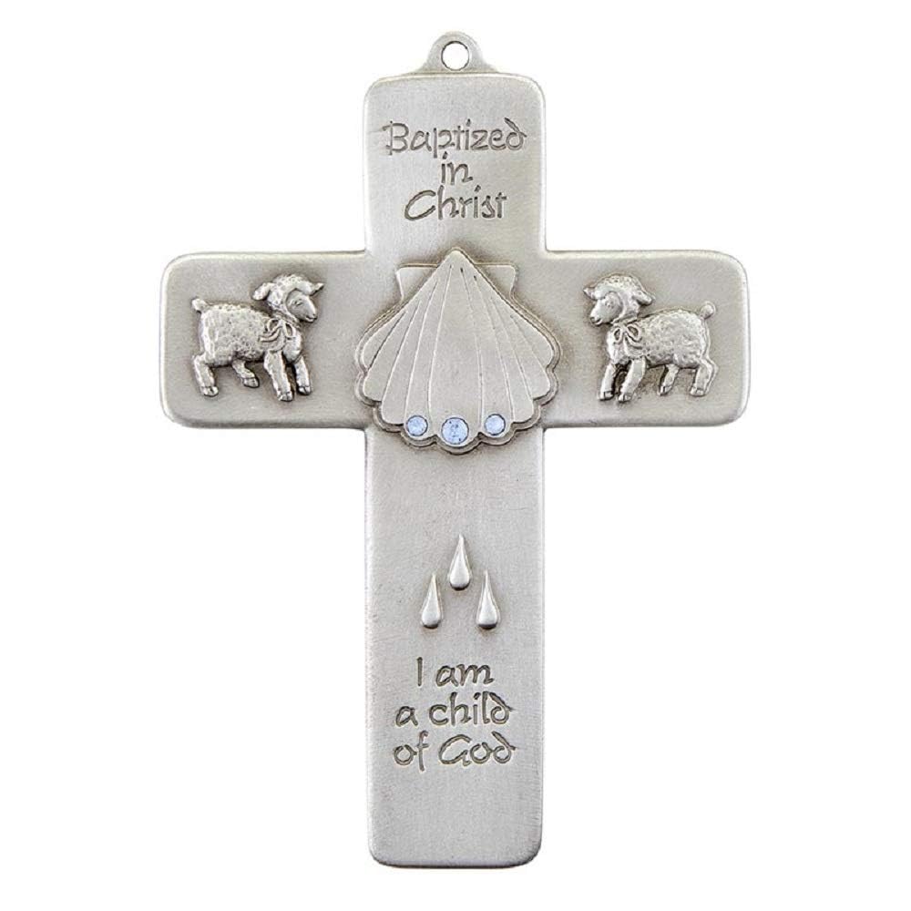 Baptized in Christ Cross - 5 Inch Pewter & Crystal Blue Religious Cross Pendant for Baptism, Confirmation, First Communion - Christian Jewelry Gift for Men & Women