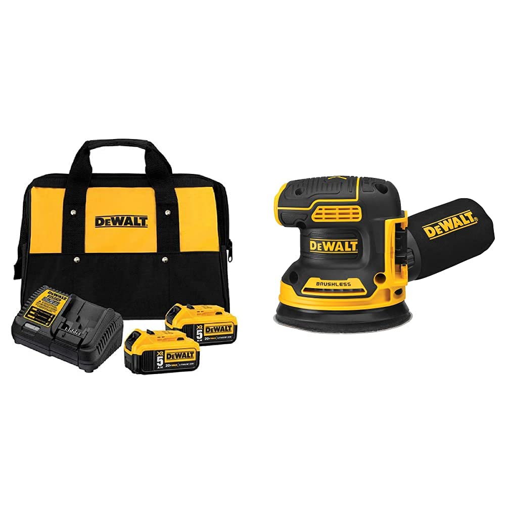 DEWALT 20V MAX Cordless Battery Starter Kit with 2 x 5.0Ah Batteries (DCB205-2CK) & 20V MAX Random Orbital Sander Tool (DCW210B) - Perfect for Woodworking, Sanding, and DIY Home Improvement Projects