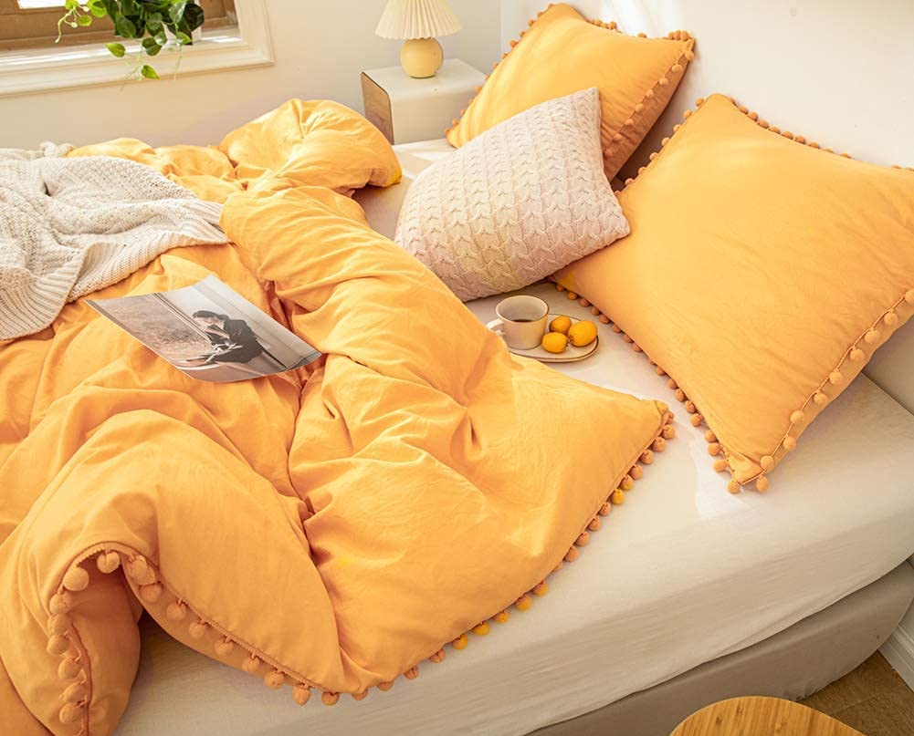 Soft Washed Microfiber Boho Pillowcases Set of 2 - Queen Size Yellow Pillow Covers with Pom Pom Trim for Girls & Women | Perfect for Bedroom Decor, Boho Chic Home Styling and Cozy Living Room Accents