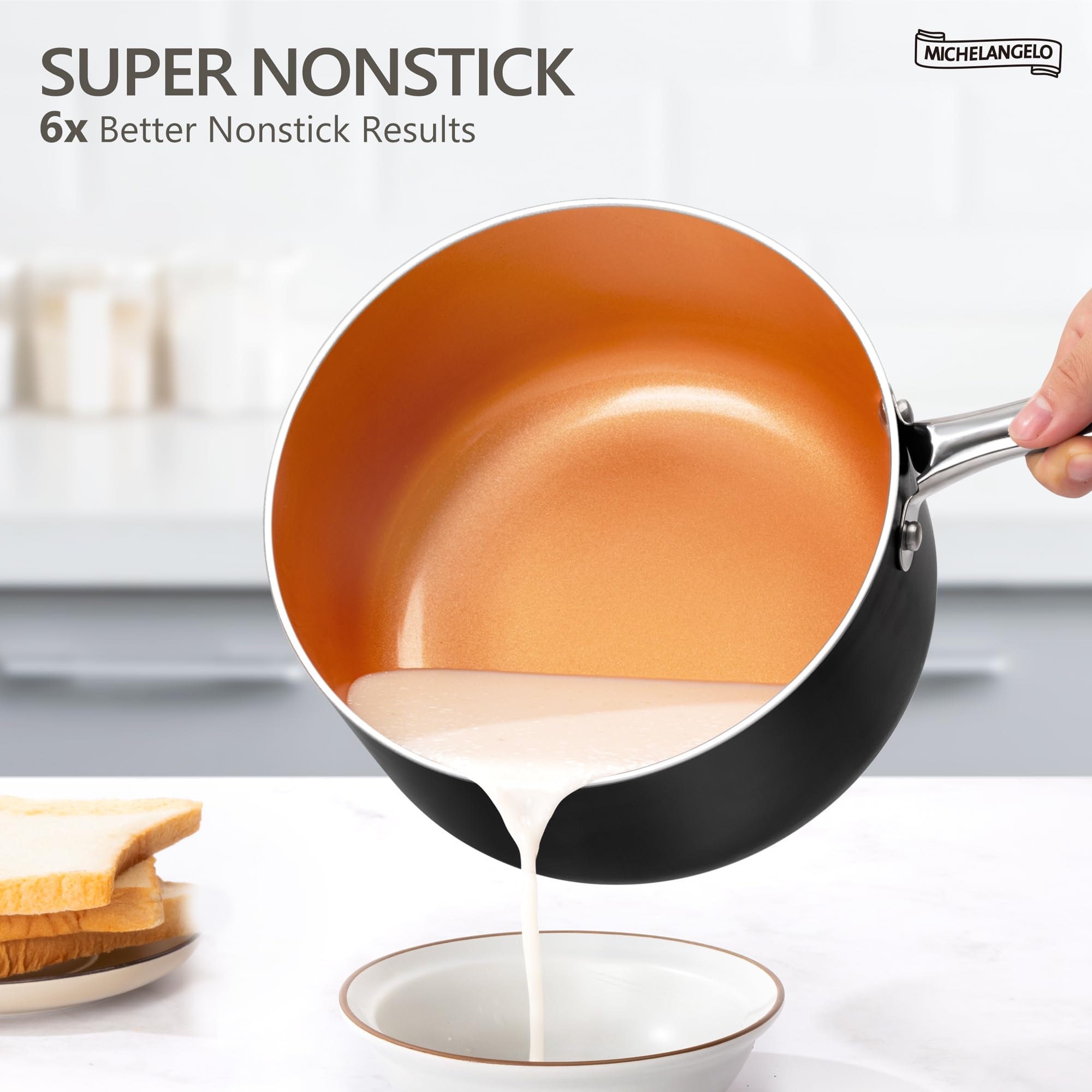 MICHELANGELO 2 Quart Nonstick Sauce Pan with Lid - Ultra Nonstick Copper Ceramic Saucepot (2 Qt) | Ergonomic Handle, Induction & Oven Safe | Perfect for Cooking Sauces, Soups & Small Meals