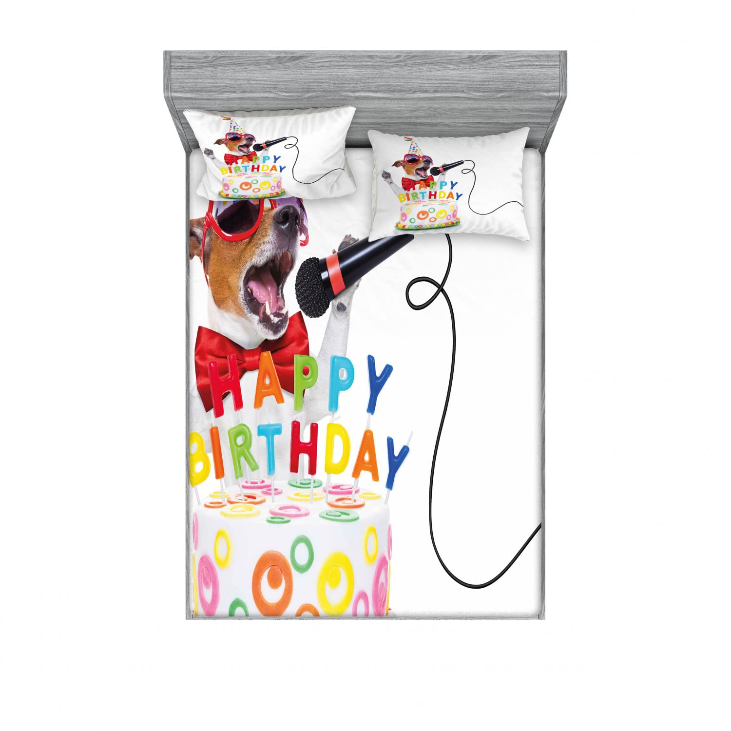 Ambesonne 2-Piece Queen Size Fitted Sheet & 4-Piece Pillow Sham Set - Birthday Music Dog Themed Bedding Decor for Party Room, Guest Bedroom & Dorm - Vibrant Multicolor Design