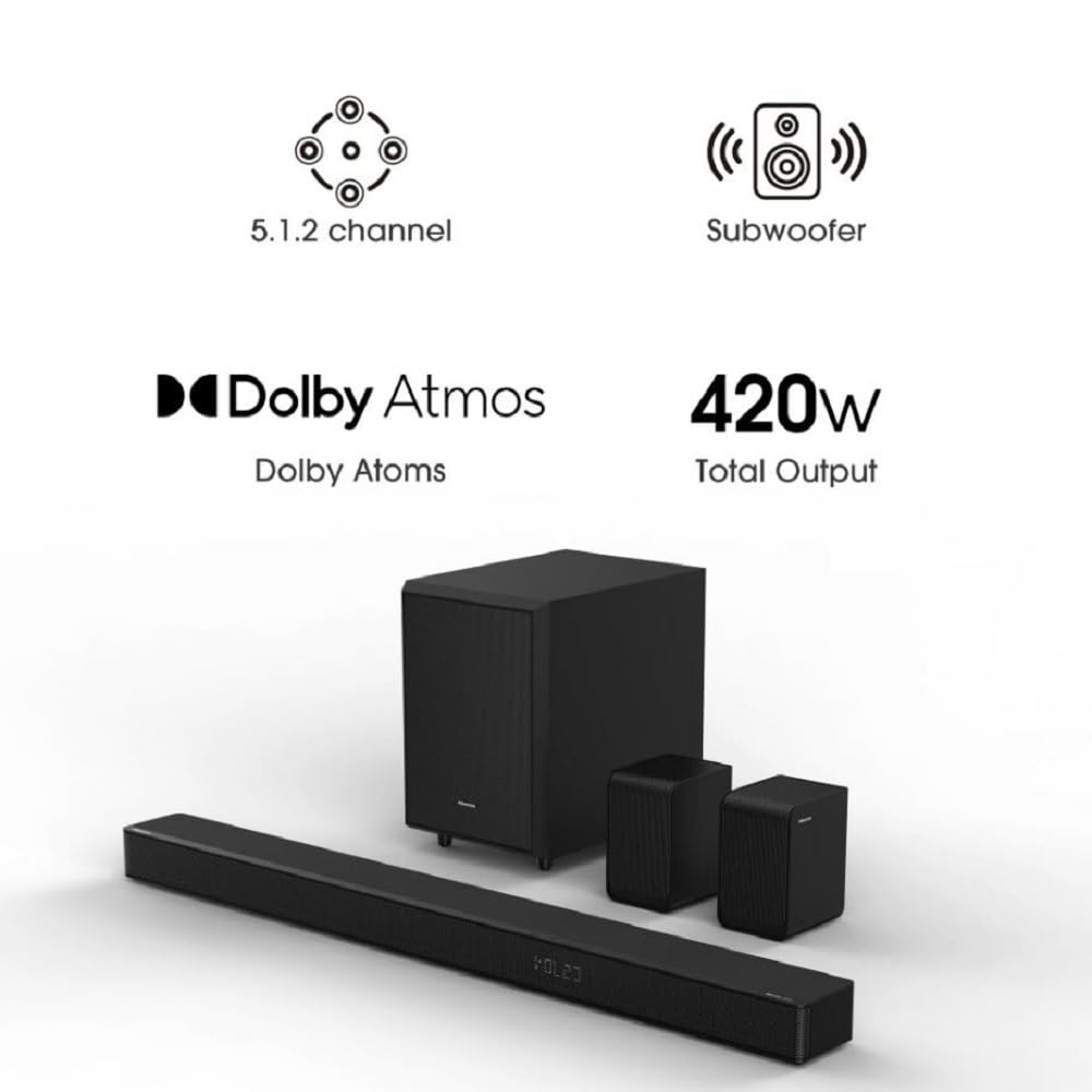 Hisense AX5120G 5.1.2 Channel 420W Dolby Atmos Soundbar System with Wireless Subwoofer & Rear Speakers - Premium Home Theater Audio for Movies, Music & Gaming (Renewed, Black)
